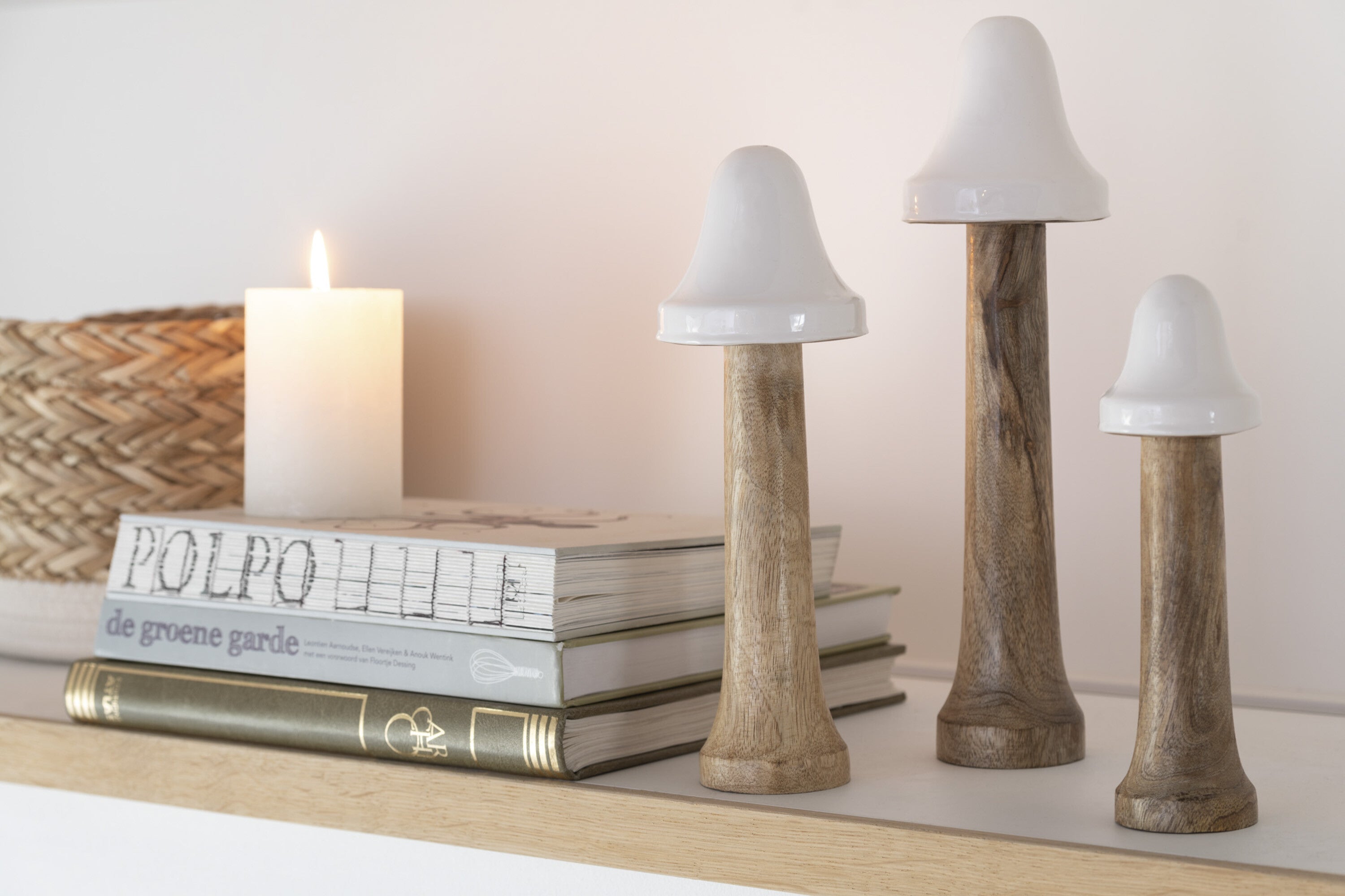 Set van 3 paddenstoelen dun hout natuurlijk/wit