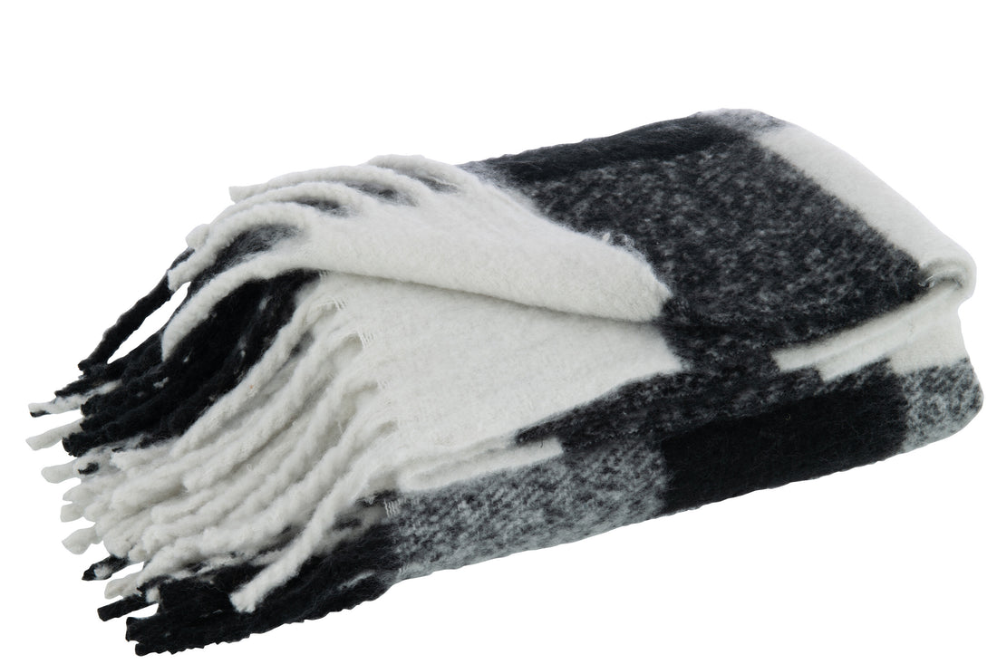 J-Line Plaid tegels - polyester - zwart/ wit - 152 x 127 cm