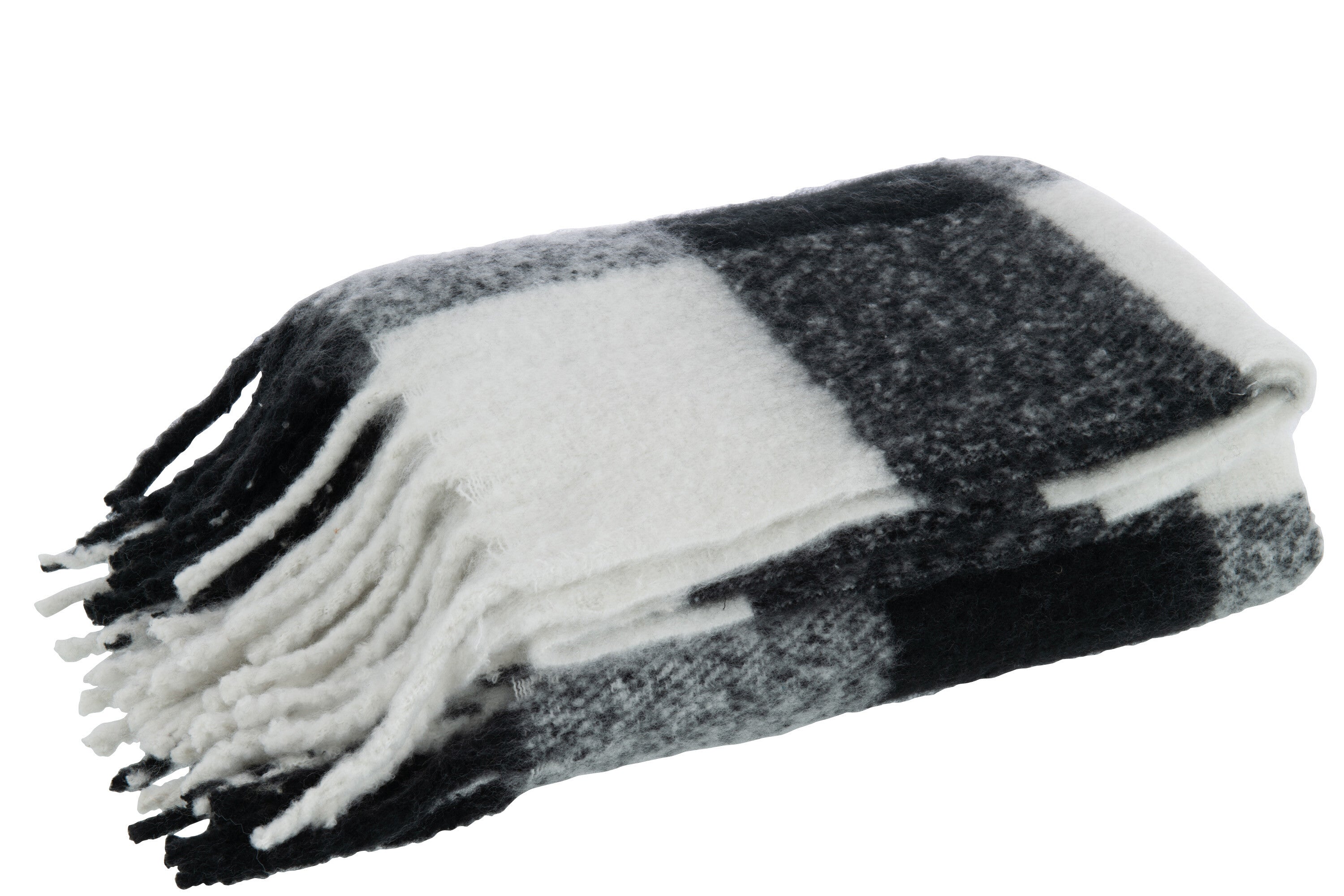 J-Line Plaid tegels - polyester - zwart/ wit - 152 x 127 cm