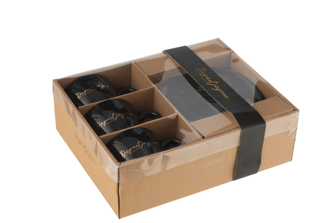 J-Line D - part Joyeux kopje + schoteltje - porselein - zwart/ goud - 3x
