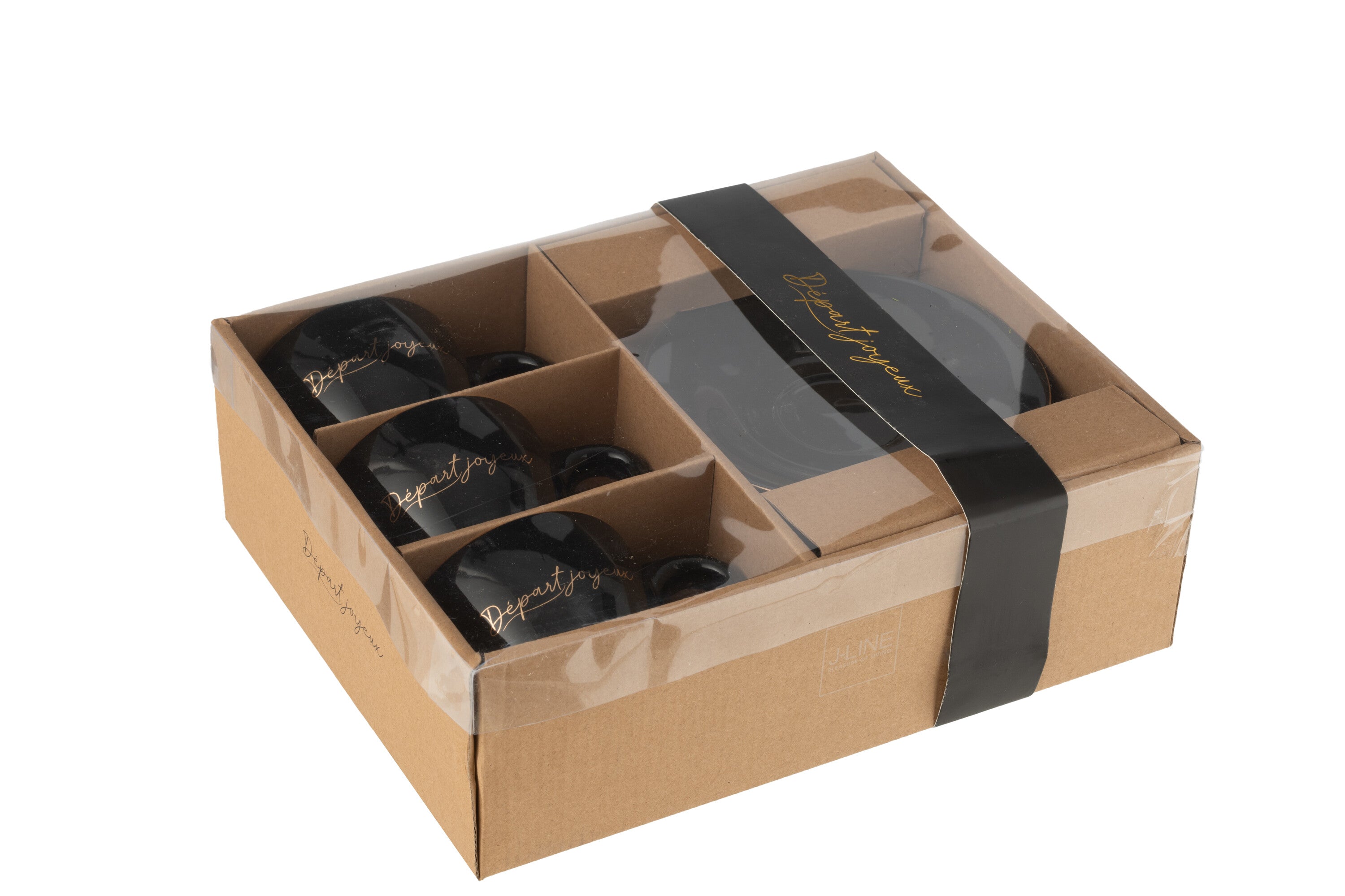 J-Line D - part Joyeux kopje + schoteltje - porselein - zwart/ goud - 3x