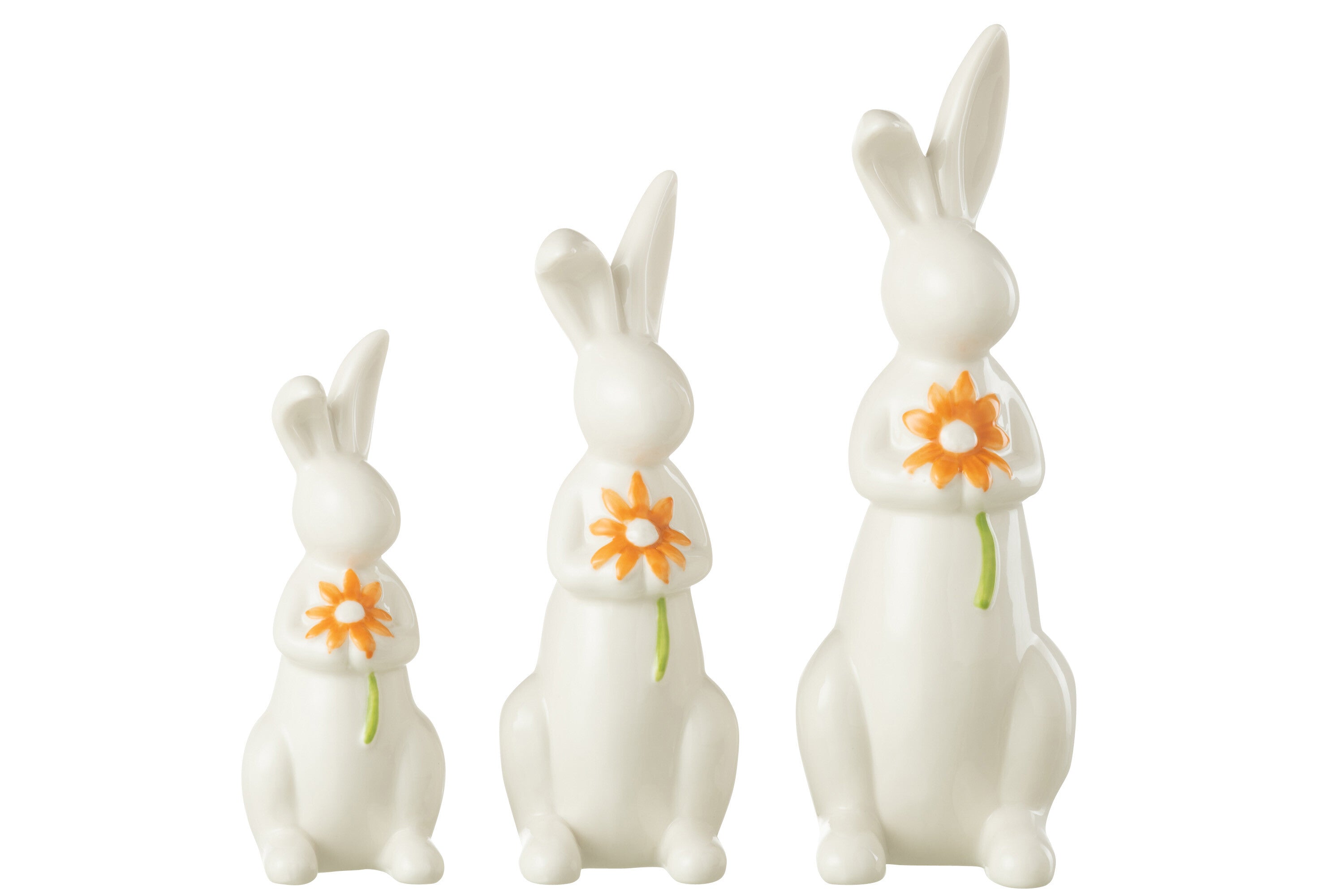 J-Line Set Van 3 Konijnen Bloemen Porselein Oranje/Wit