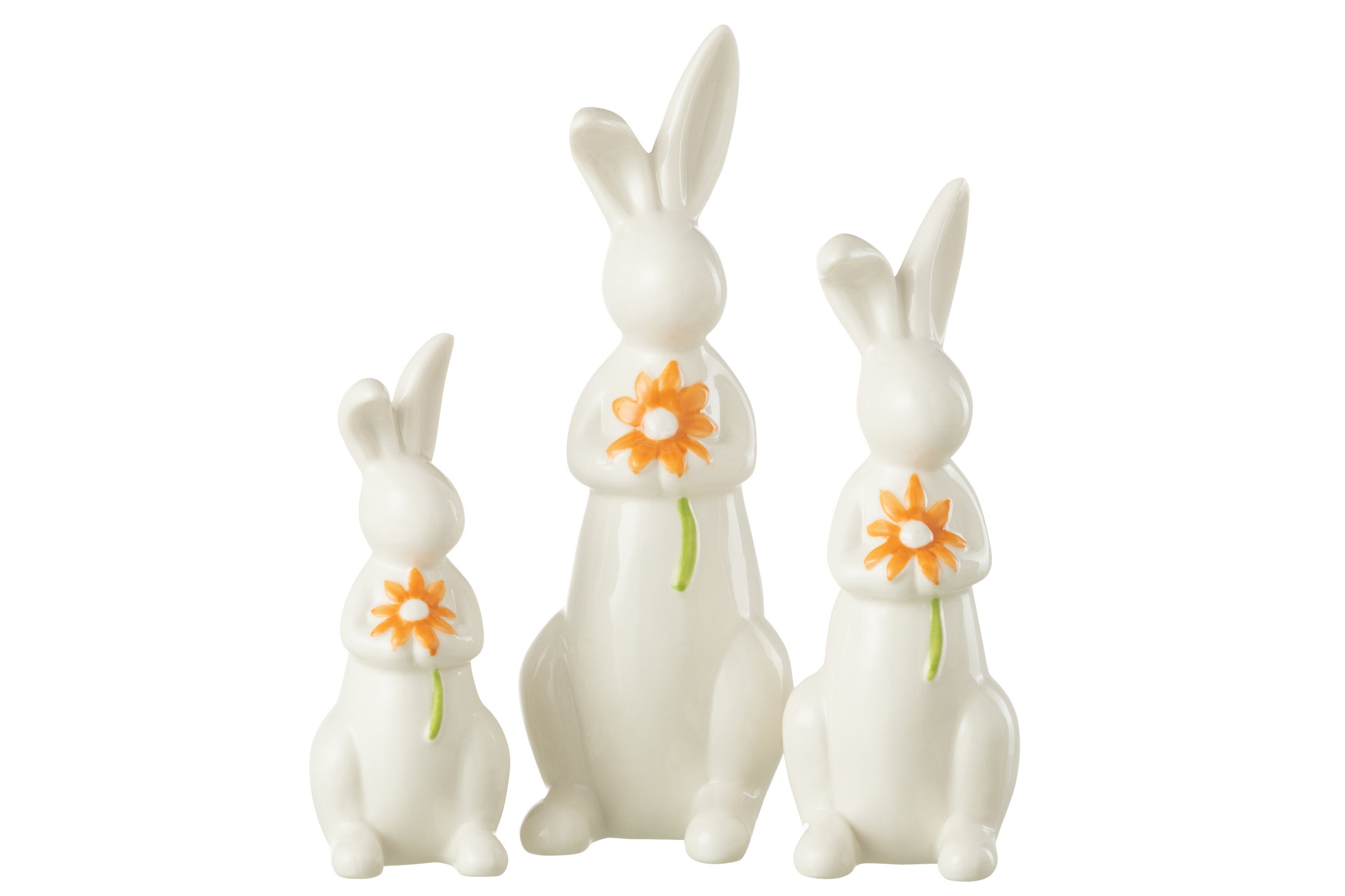 J-Line Set Van 3 Konijnen Bloemen Porselein Oranje/Wit
