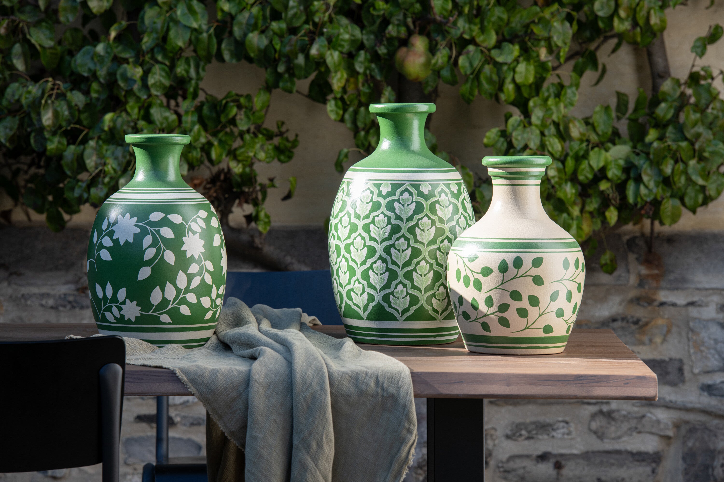 J-Line vaas Bloemen + Lijnen Terracotta - keramiek - groen/wit