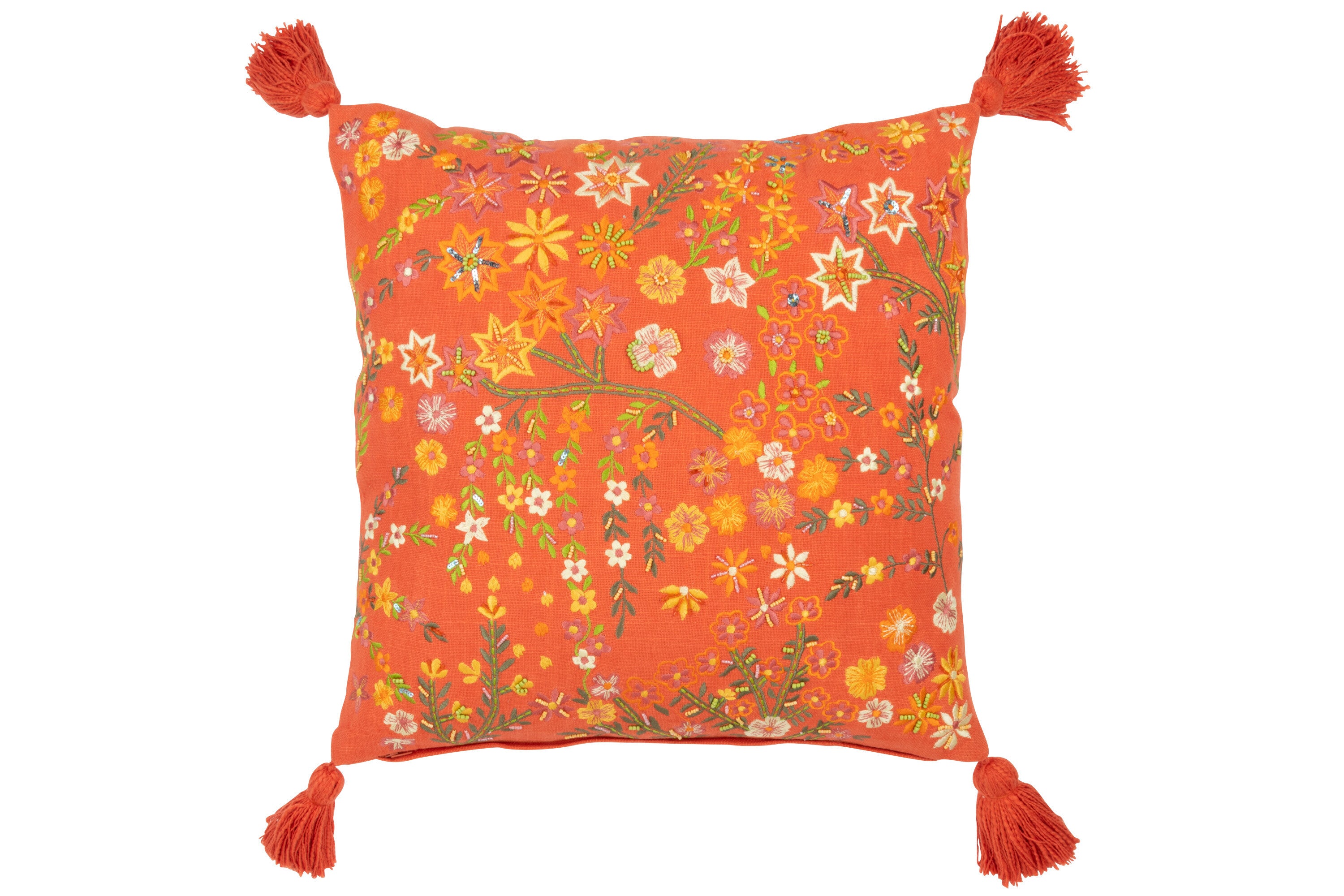 J-Line Kussen Vierkant Bloemen+Kwastjes Katoen Oranje