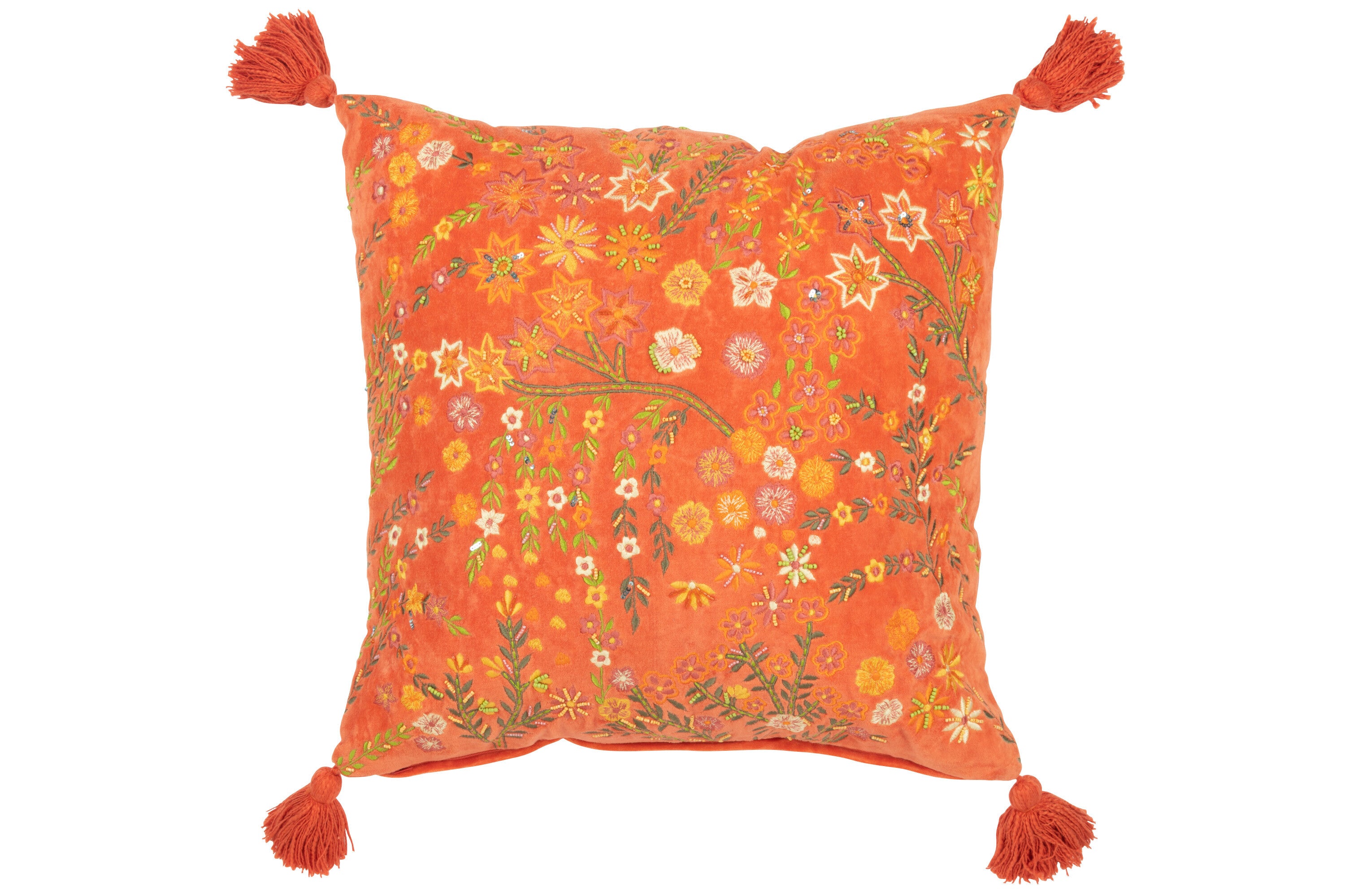 J-Line Kussen Vierkant Bloemen+Kwastjes Fluweel Oranje