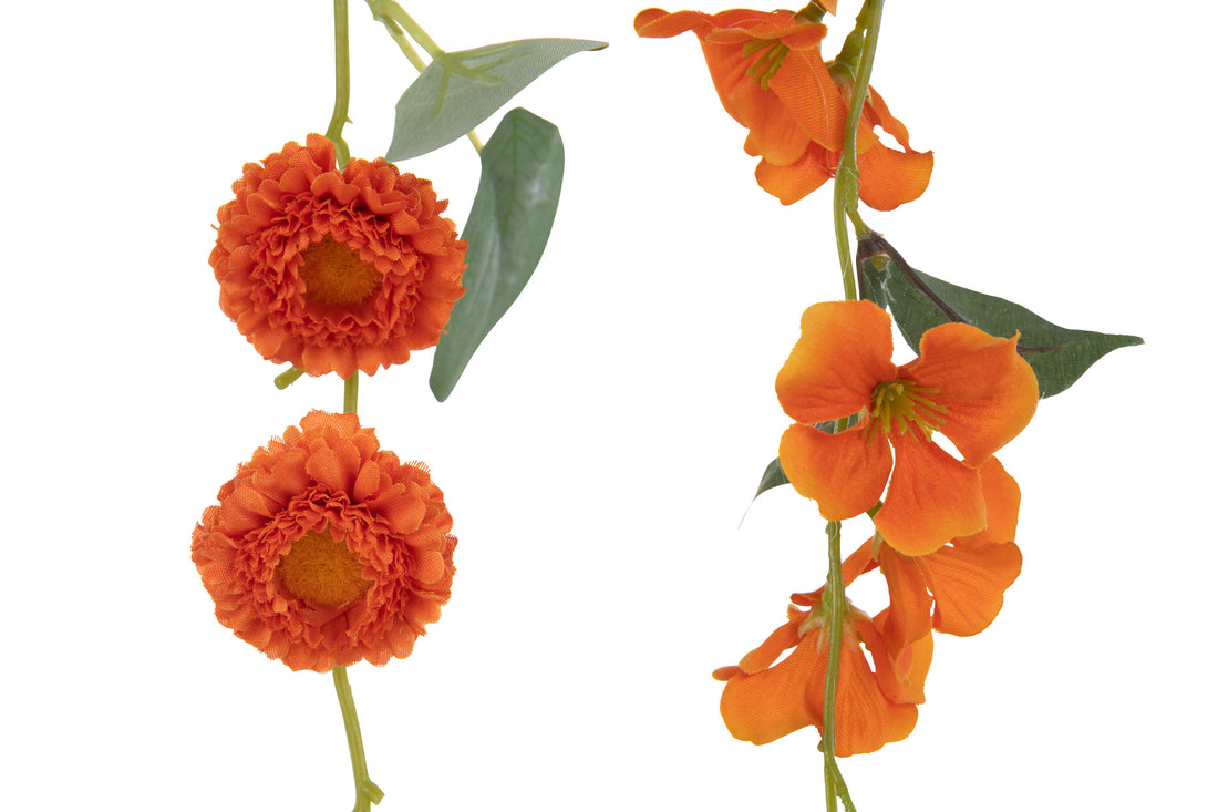 Guirlande Bloemen+Bladeren Plastic Oranje/Groen Assortiment Van 2