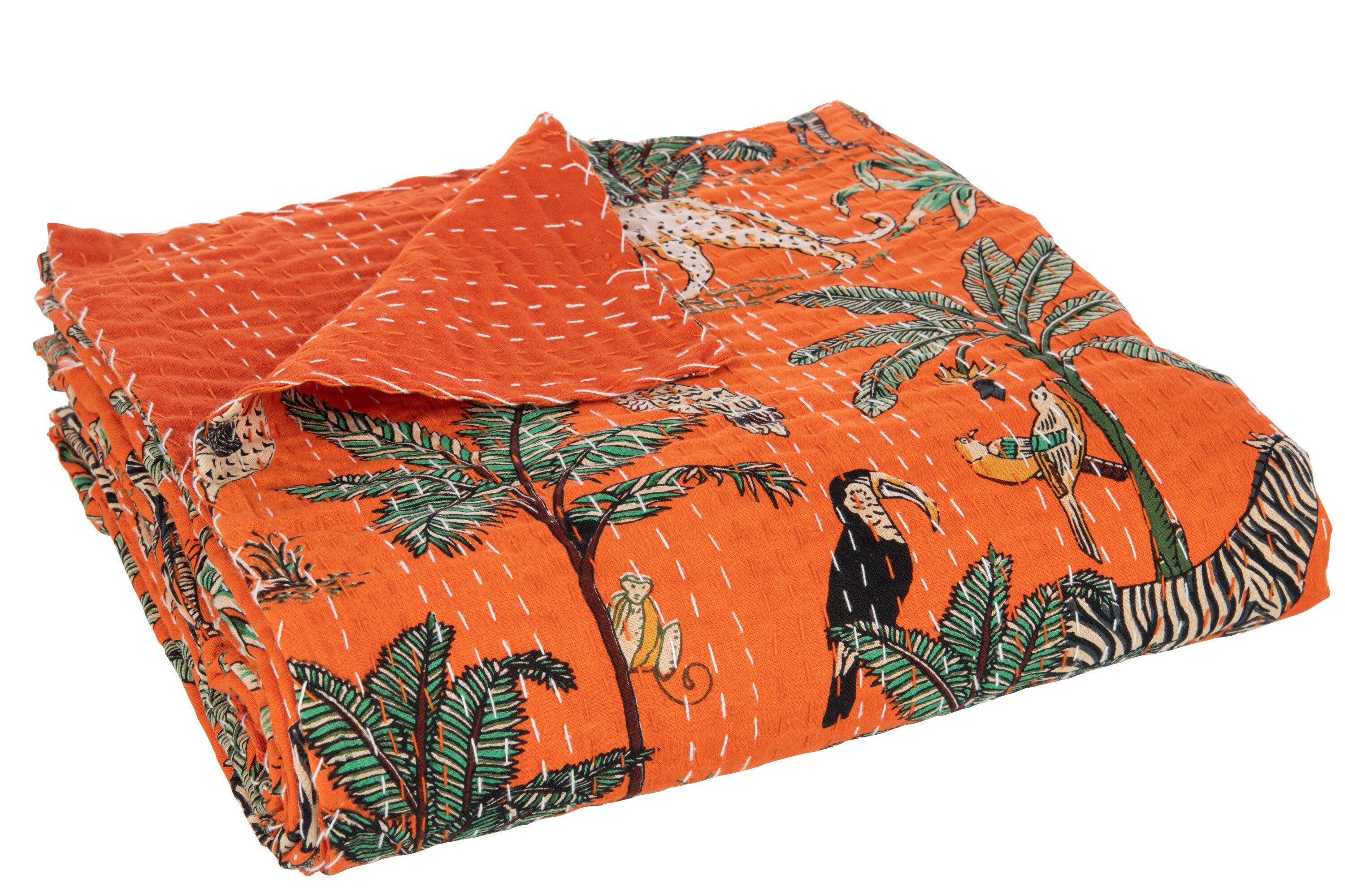 J-Line Plaid/Strand Mat Exotisch Dieren/Planten Hechtingen Katoen Oranje Large
