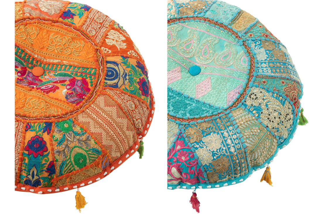 Pouf Ronde Plat Patroon+Kwastjes Katoen Oranje/Blauw Assortiment Van 2