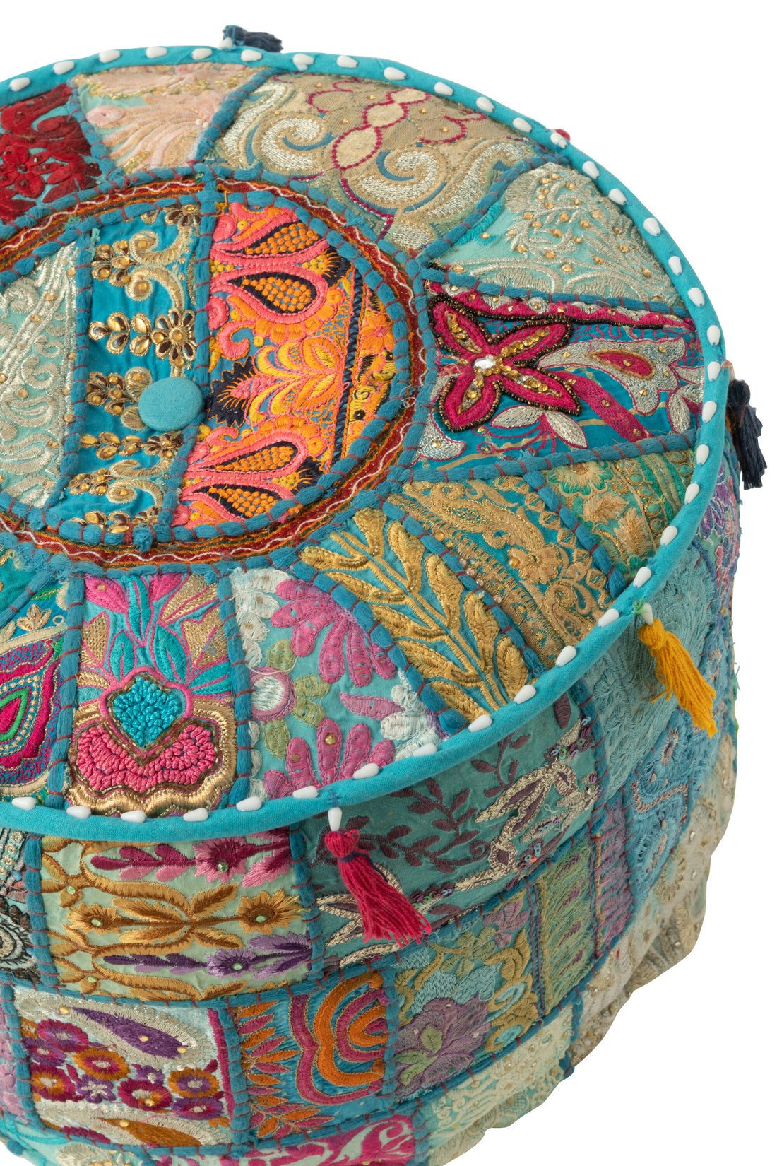 J-Line Poef Rond Patronen+Kwasten Katoen Blauw