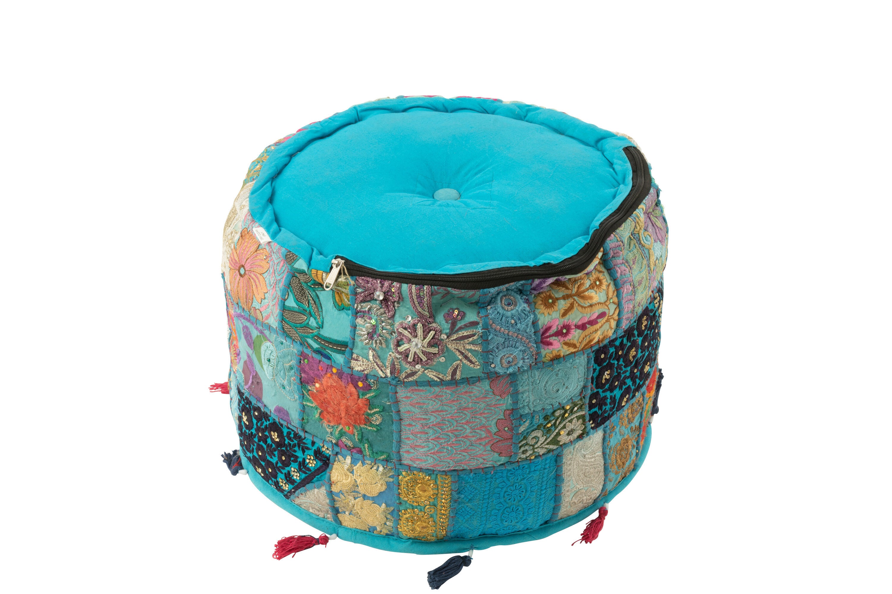 J-Line Poef Rond Patronen+Kwasten Katoen Blauw