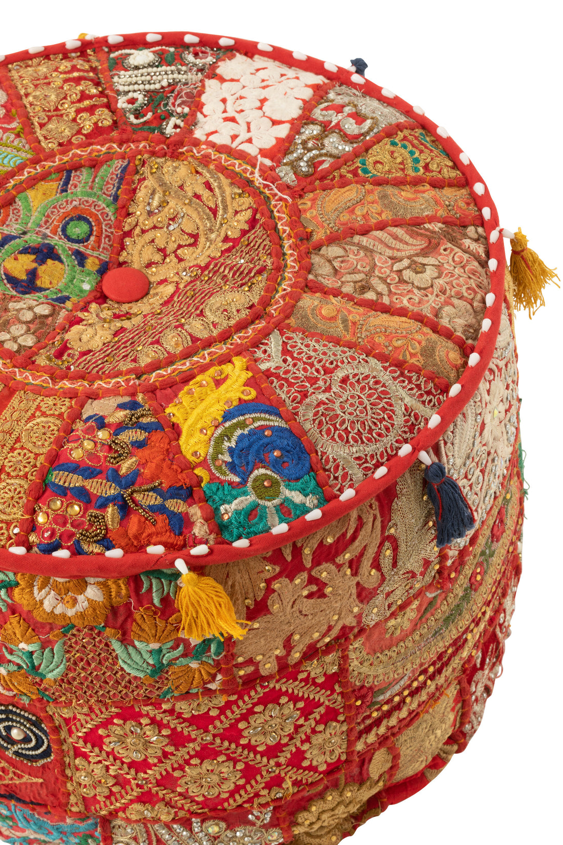 J-Line Poef Rond Patronen+Kwasten Katoen Rood