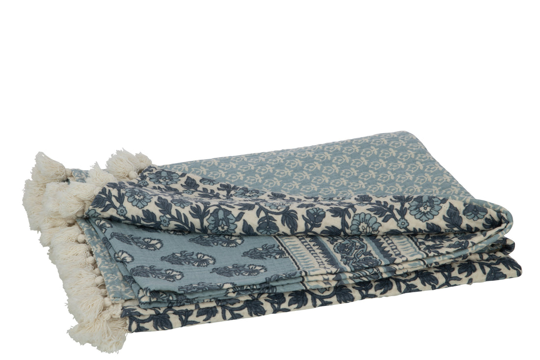 J-Line Plaid/Strand Mat Bloemen Katoen Blauw