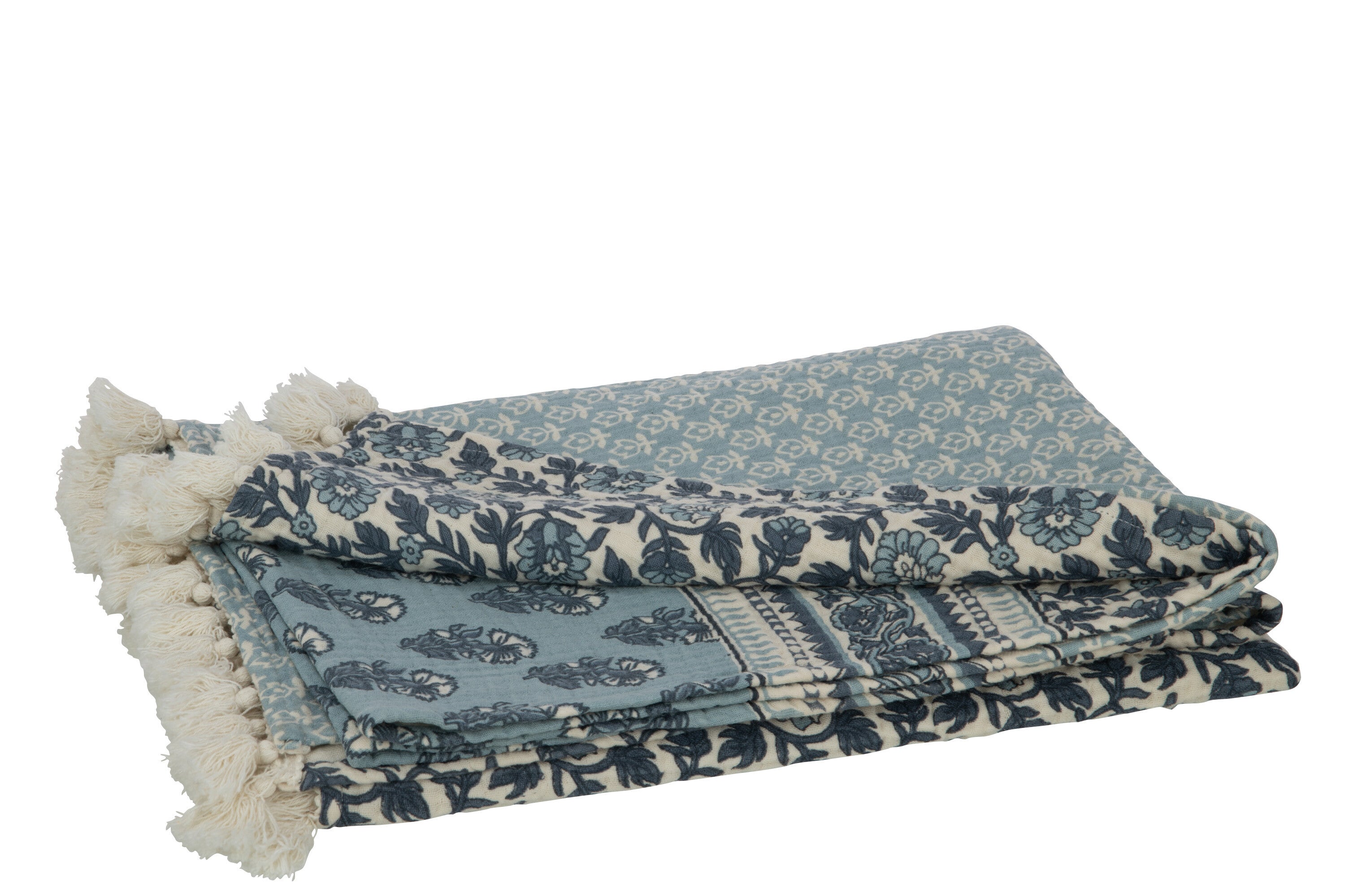 J-Line Plaid/Strand Mat Bloemen Katoen Blauw
