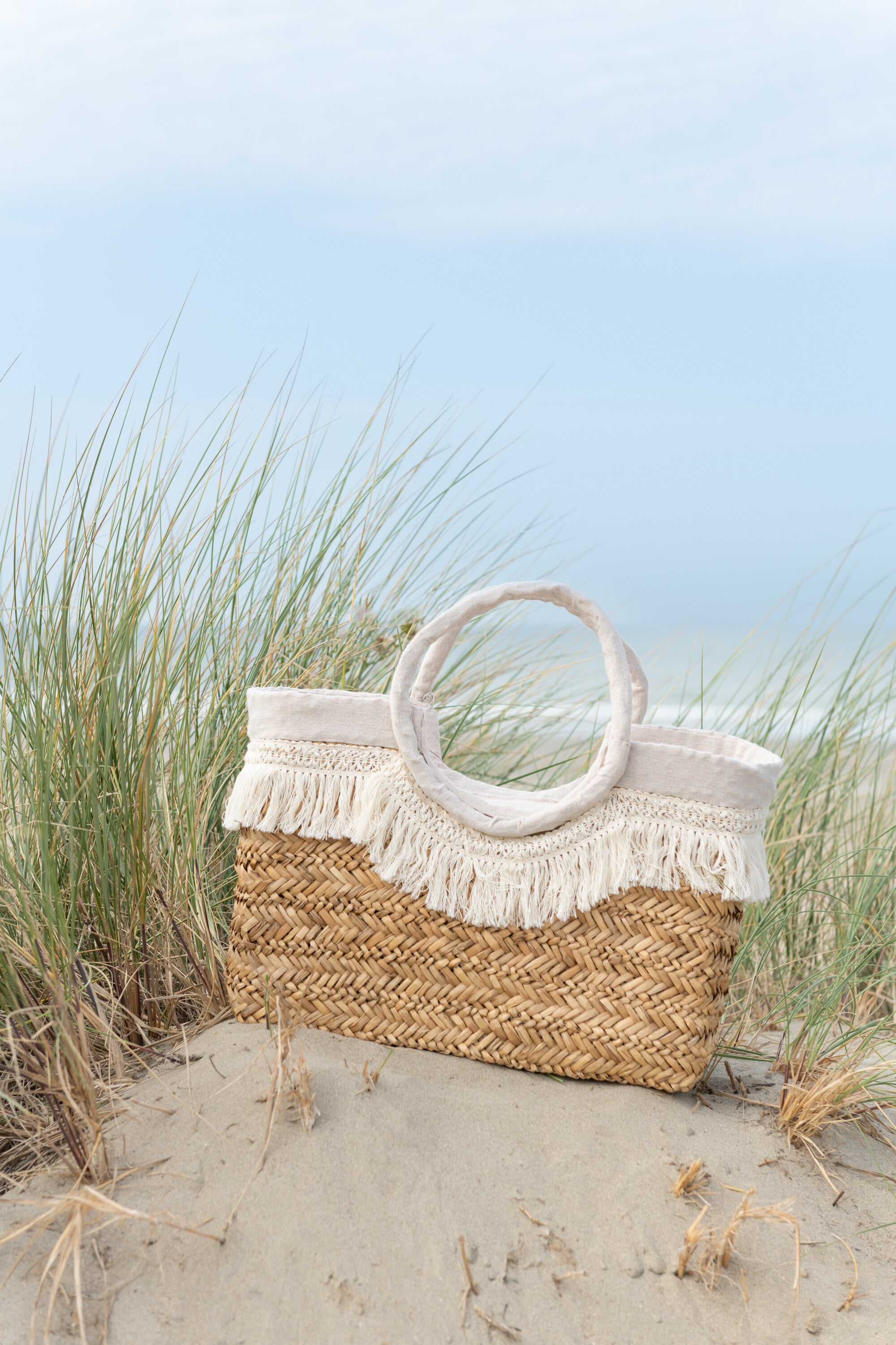 J-Line Strandtas Franjes Gevlochten Zeegras Nat/Creme