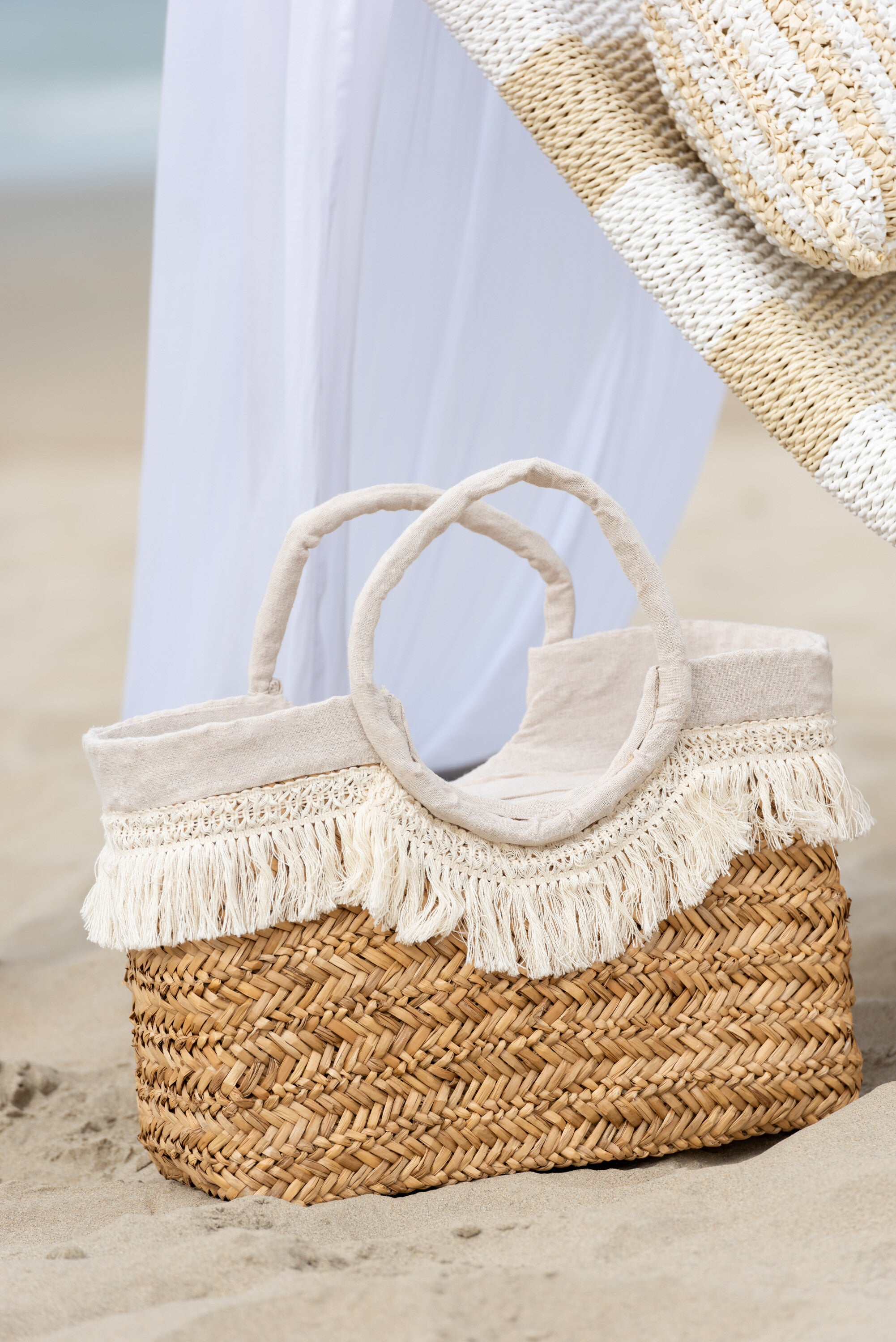 J-Line Strandtas Franjes Gevlochten Zeegras Nat/Creme