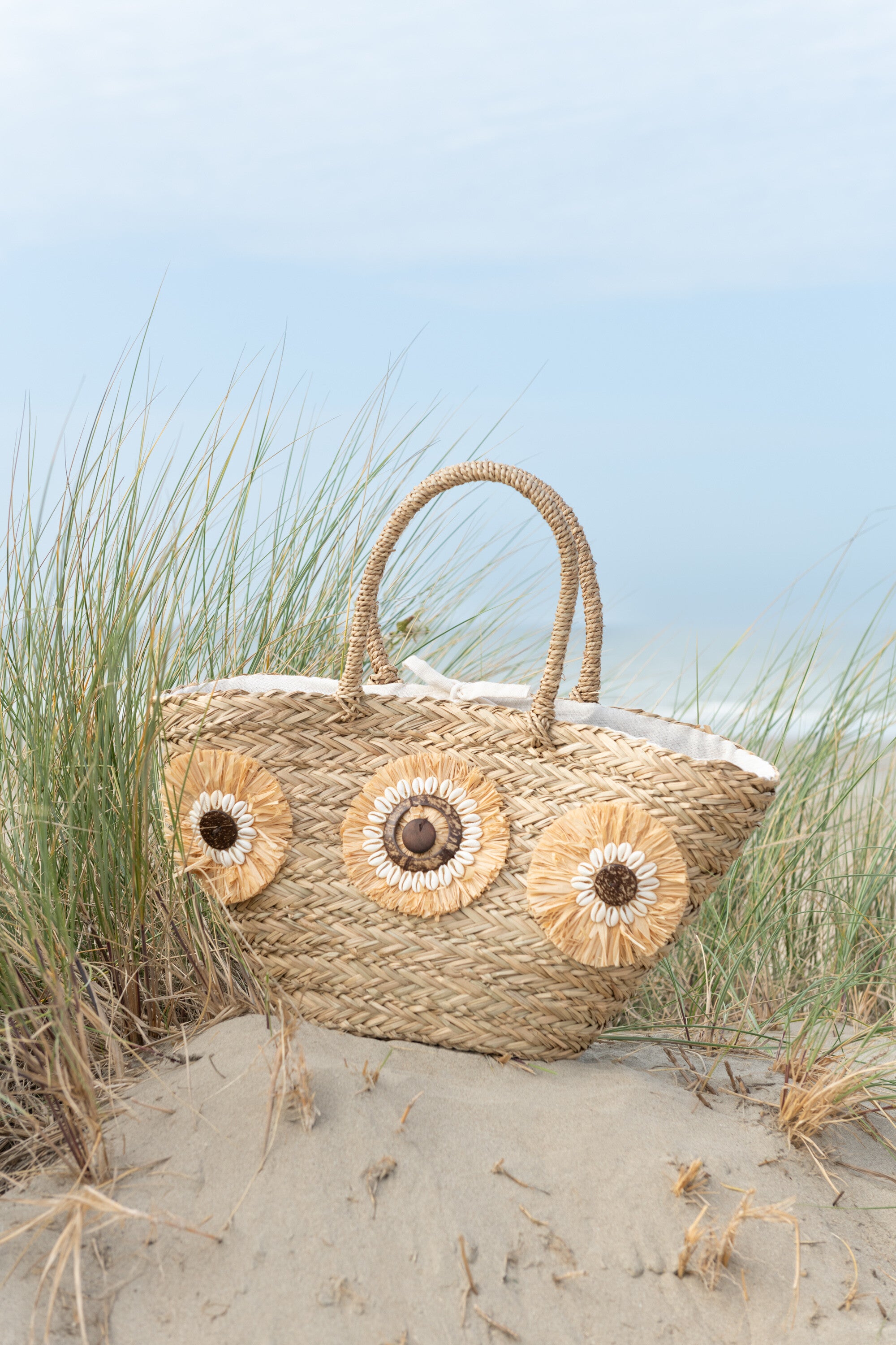 J-Line Strandtas Zonnebloemen Schelpen Zeegras Nat