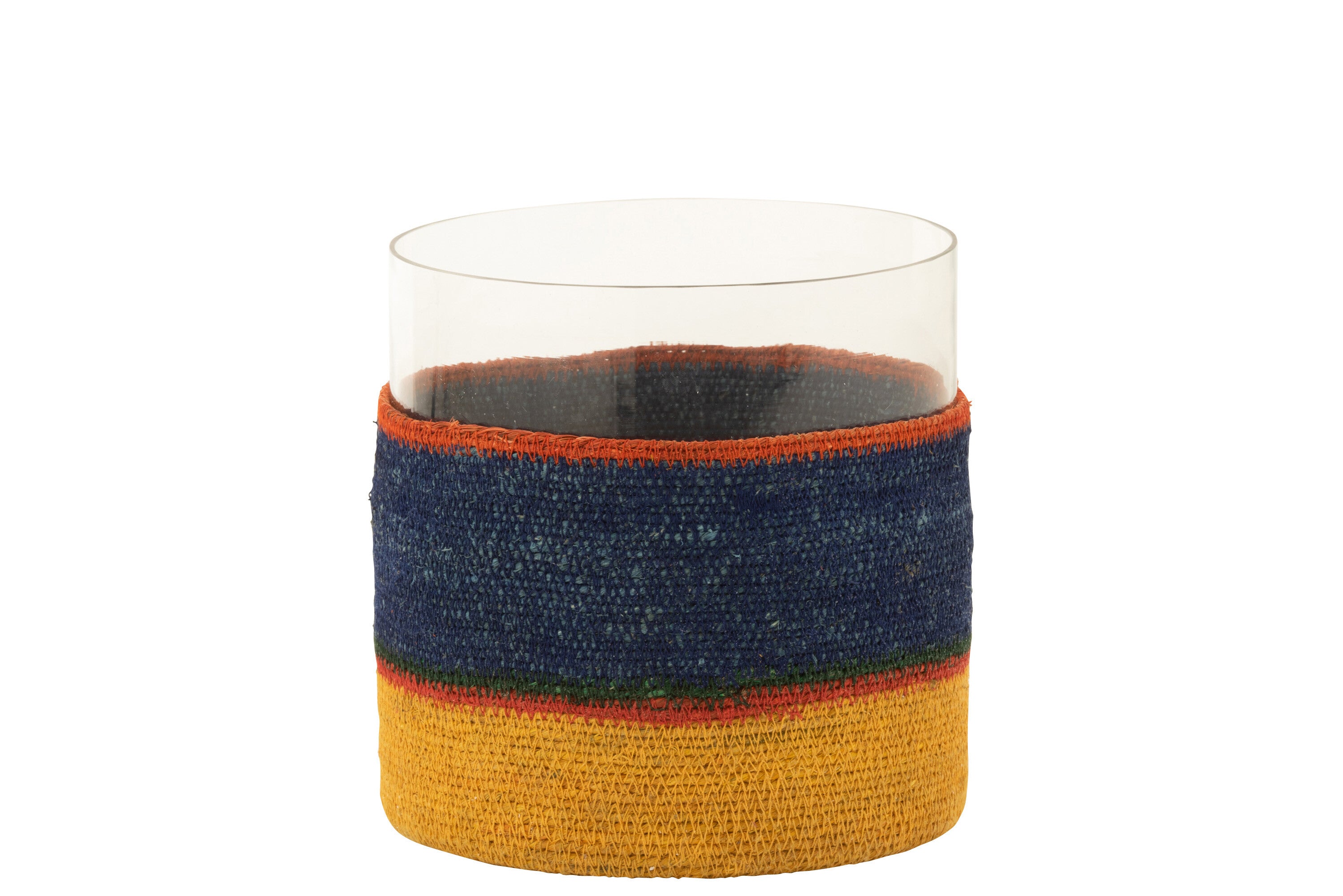 Theelichthouder rond + strepen glas/zeegras donkerblauw/geel