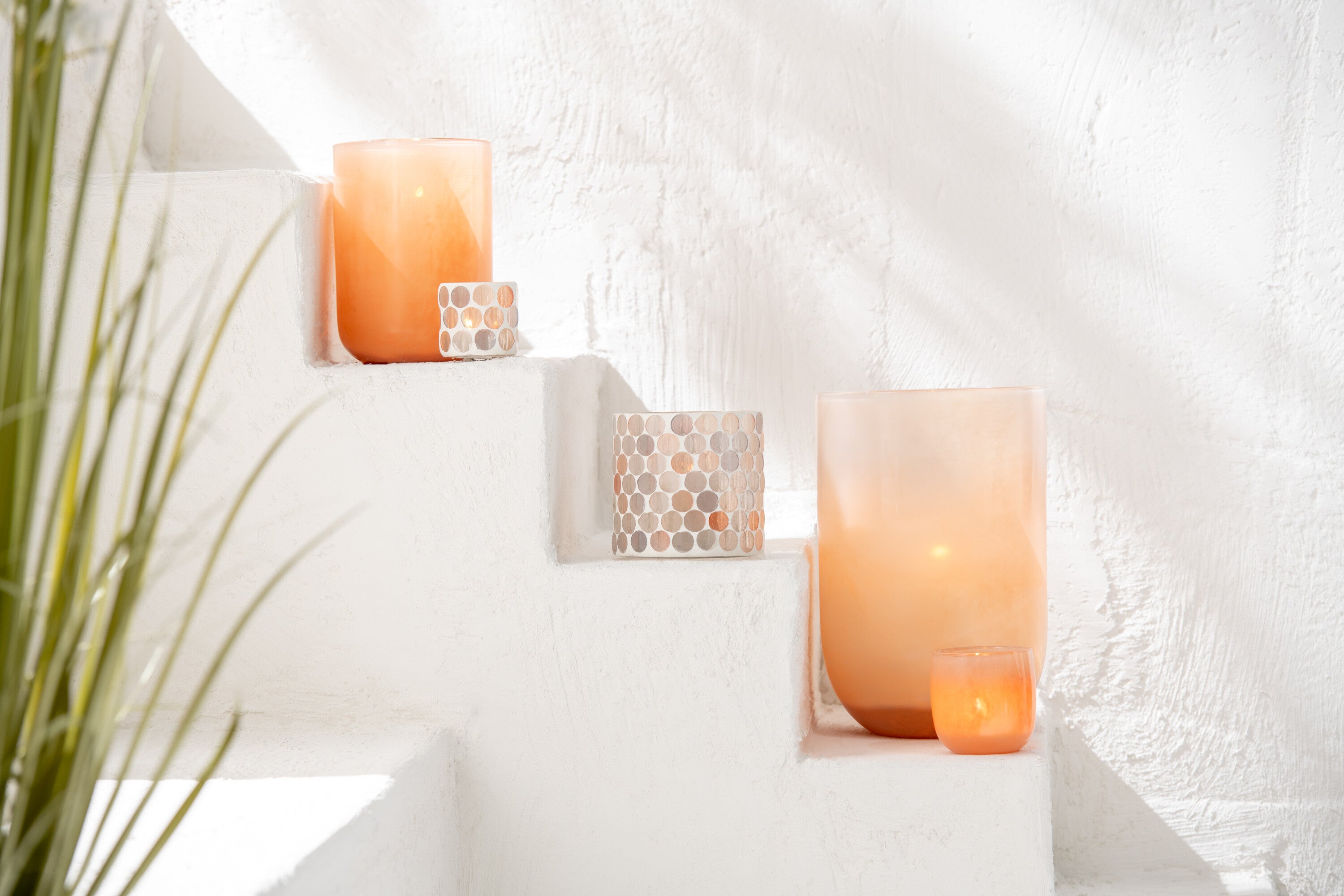 J-Line Teelicht Houder Mozaiek Cirkel Glas Wit/Oranje Small
