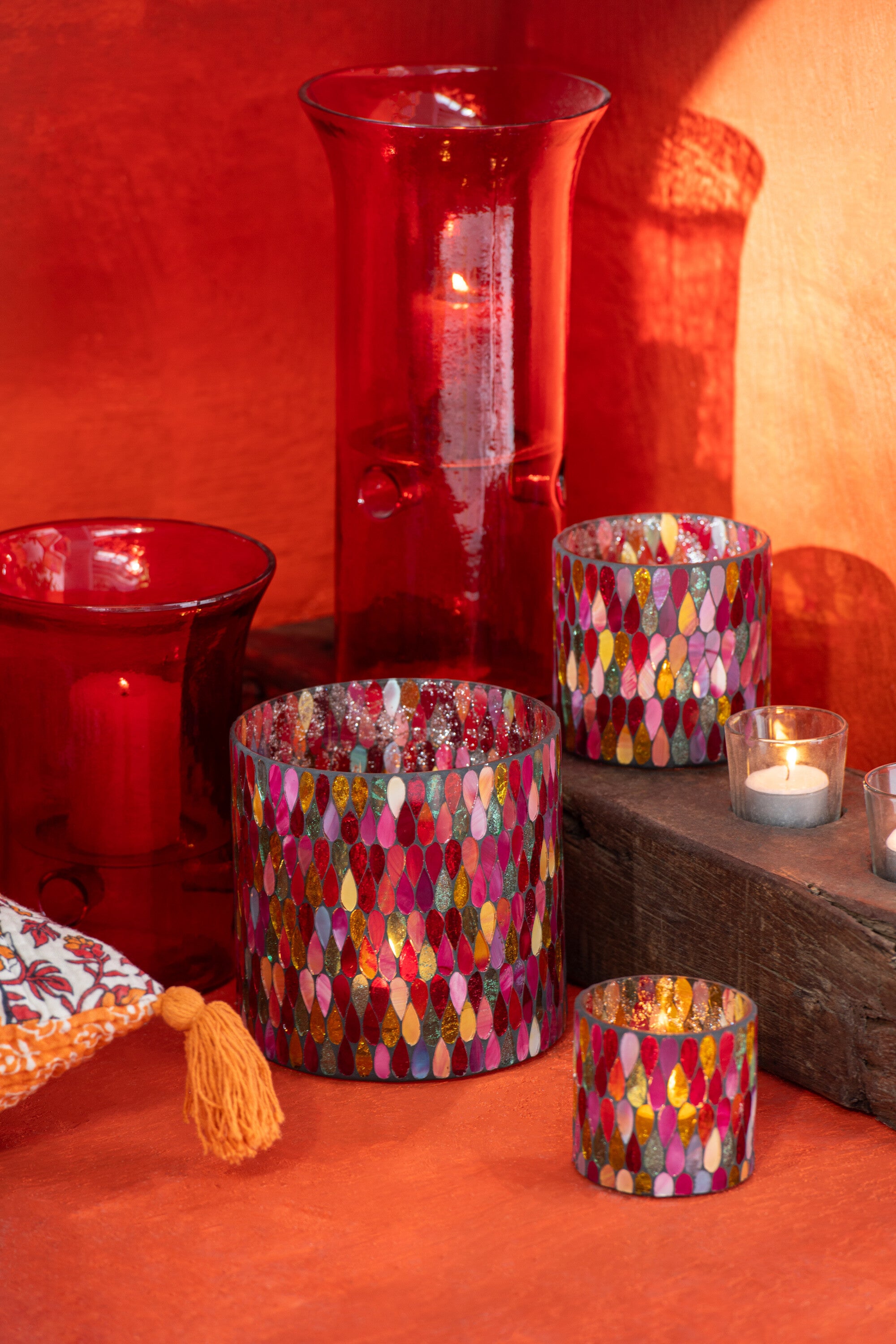 J-Line Teelicht Houder Mozaiek Druppel Glas Mix Small