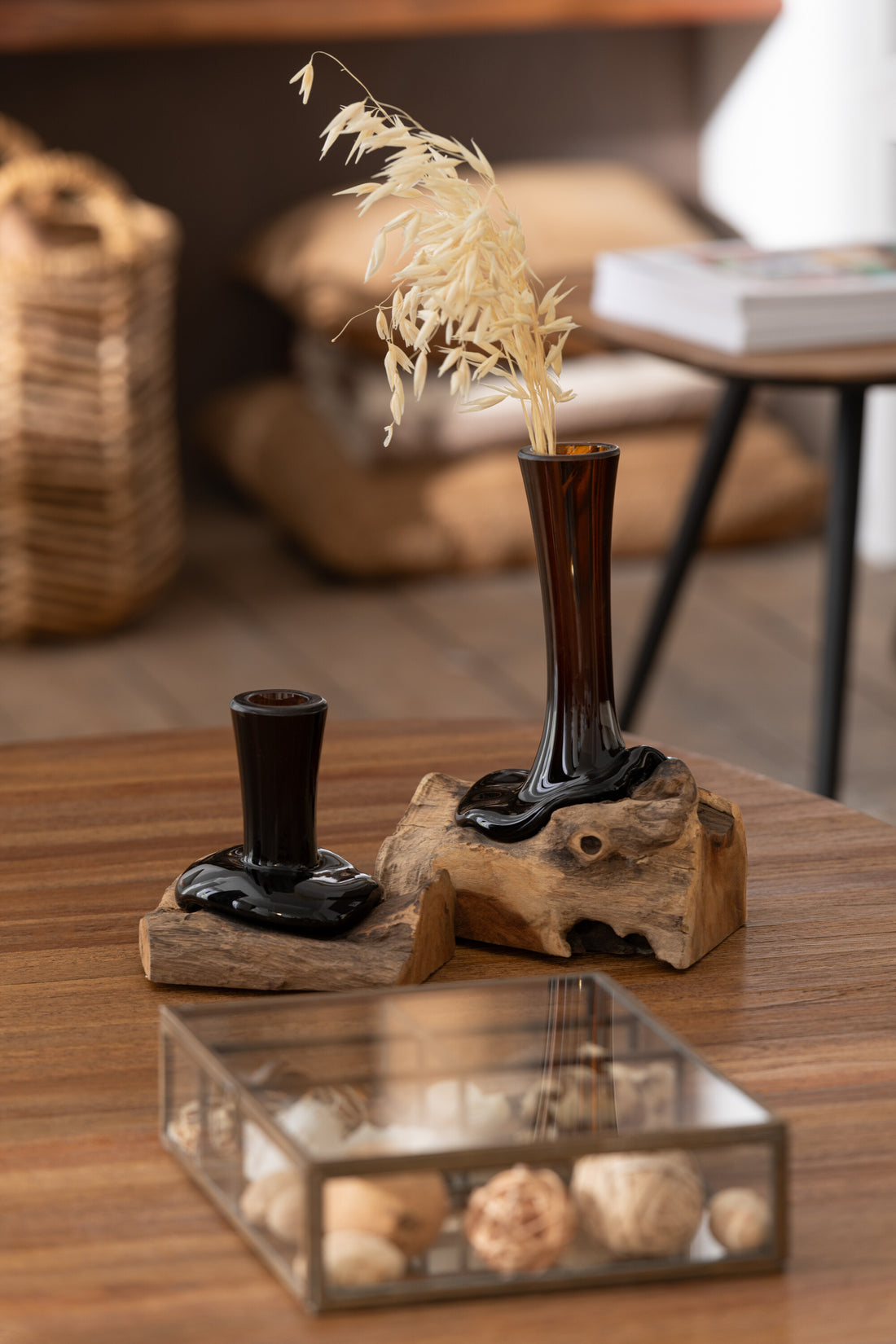 J-Line Vaas Op Voet Hoog Gamal Hout/Gerecycleerd Glas Natuur/Bruin Small