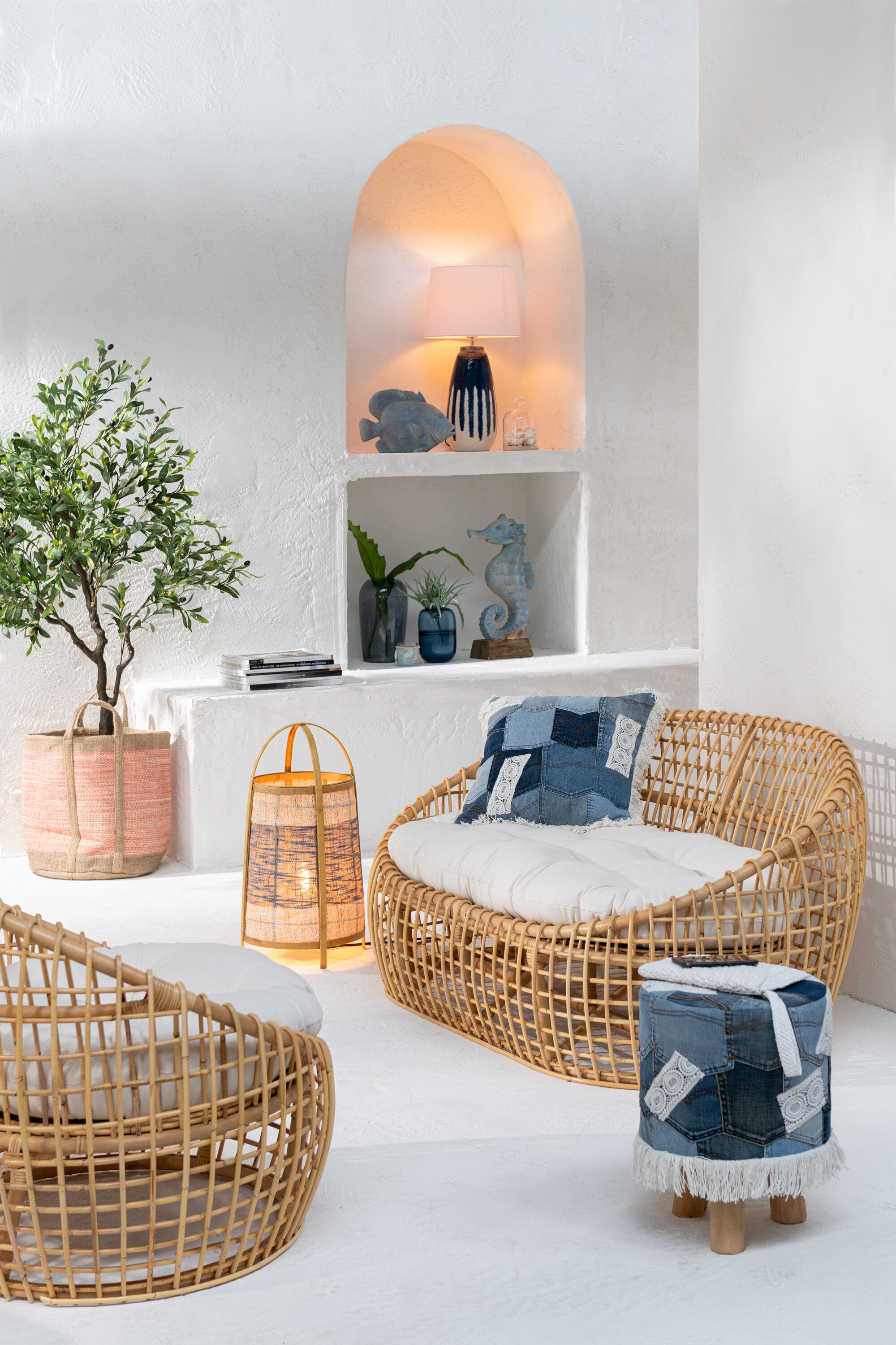 J-Line stoel Lise + kussen 1 Personen - rotan/textiel - naturel/wit