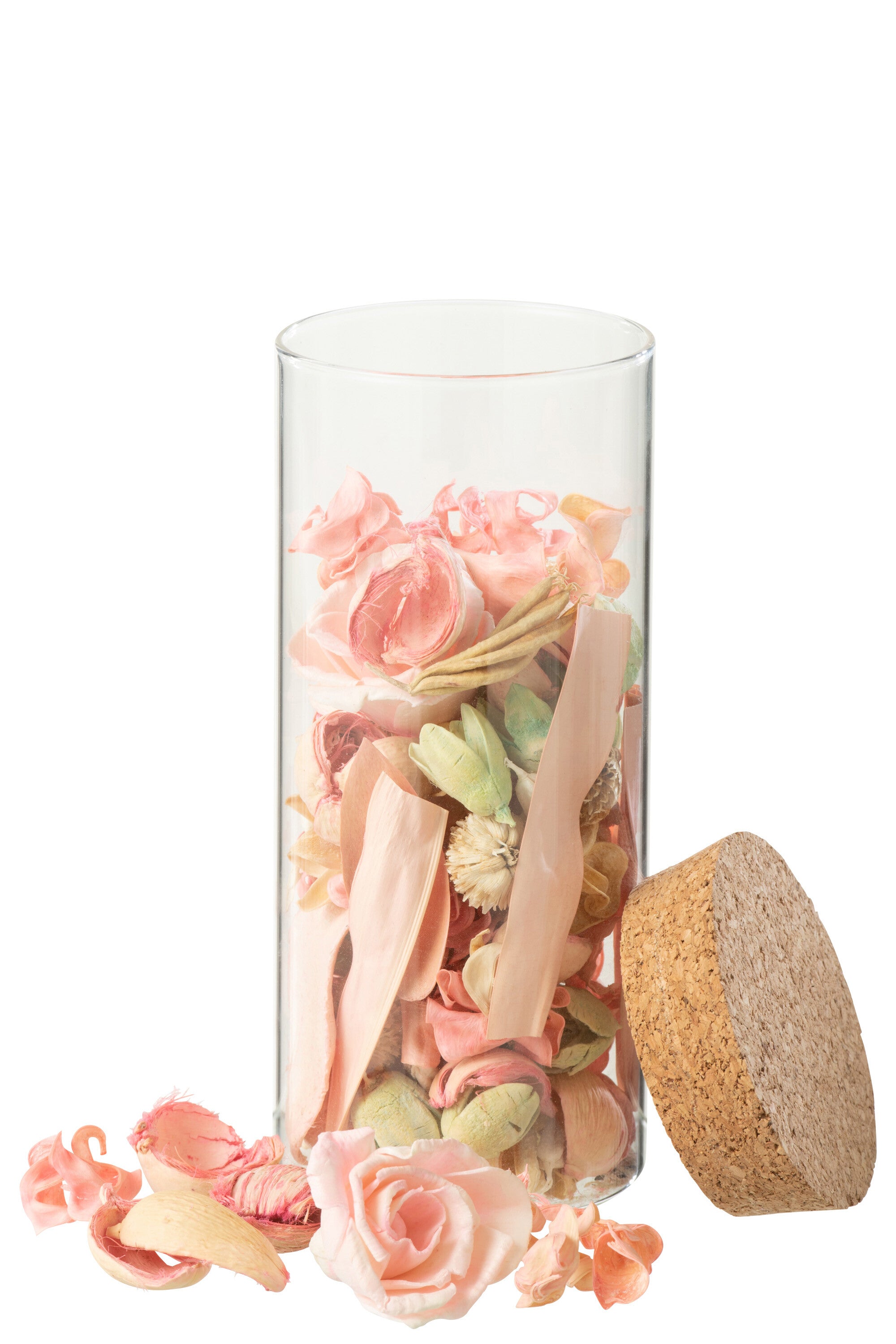 J-Line Gedroogde Bloem+Dennehout Fuchsia Roos In Pot Glas Roze