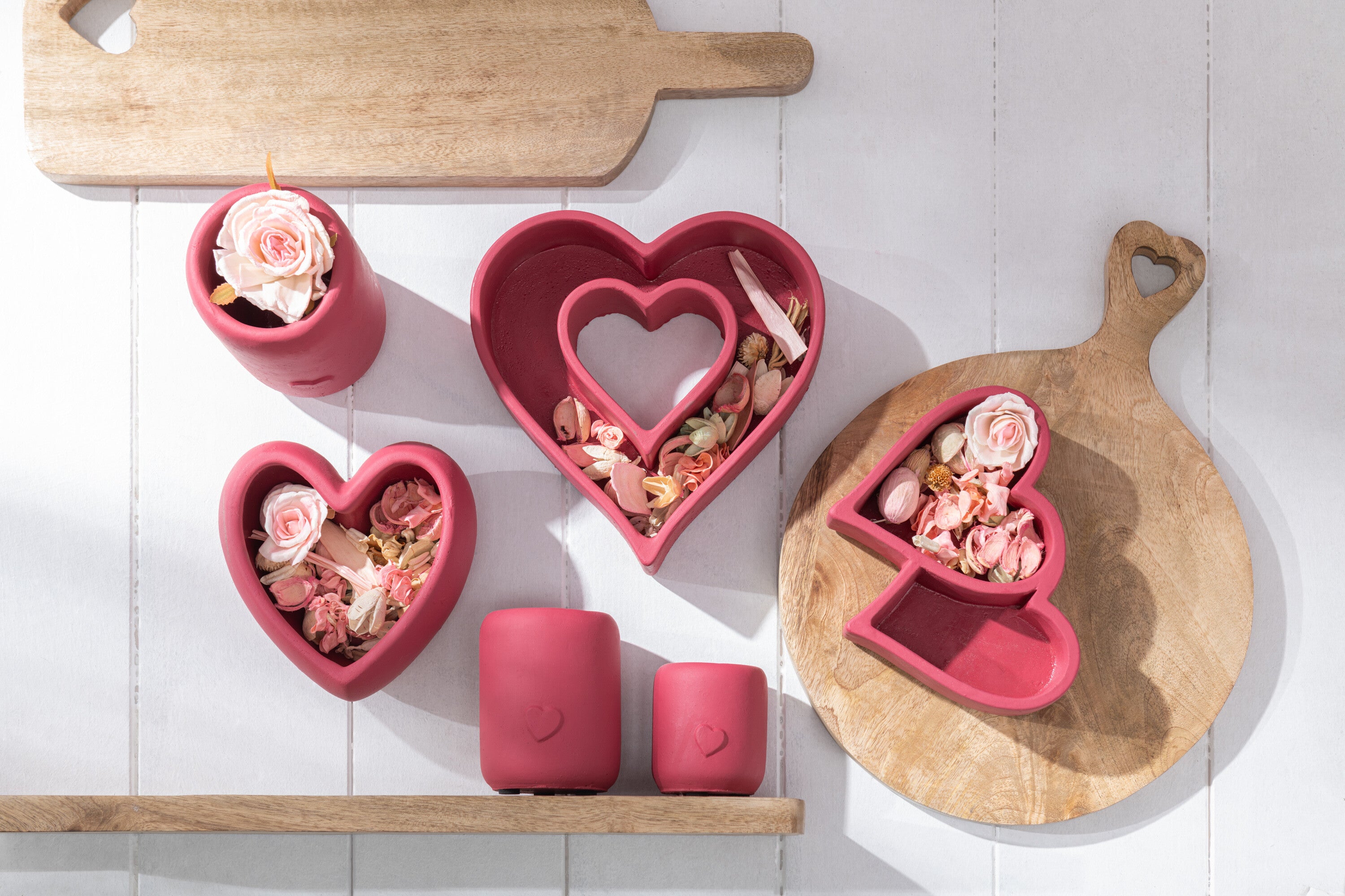 J-Line Gedroogde Bloem+Dennehout Fuchsia Roos In Pot Glas Roze