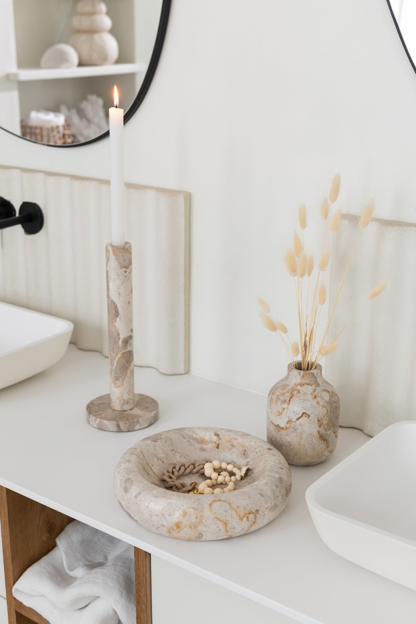 Set van 3 kaarsenhouders marmer beige