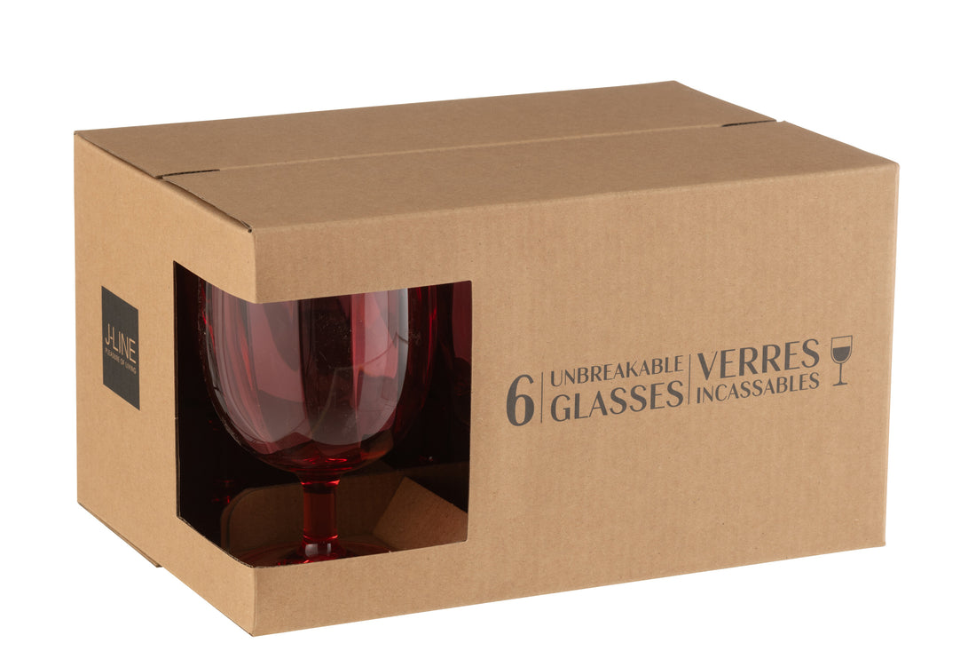 Doos van 6 stuks wijnglazen plastic rood