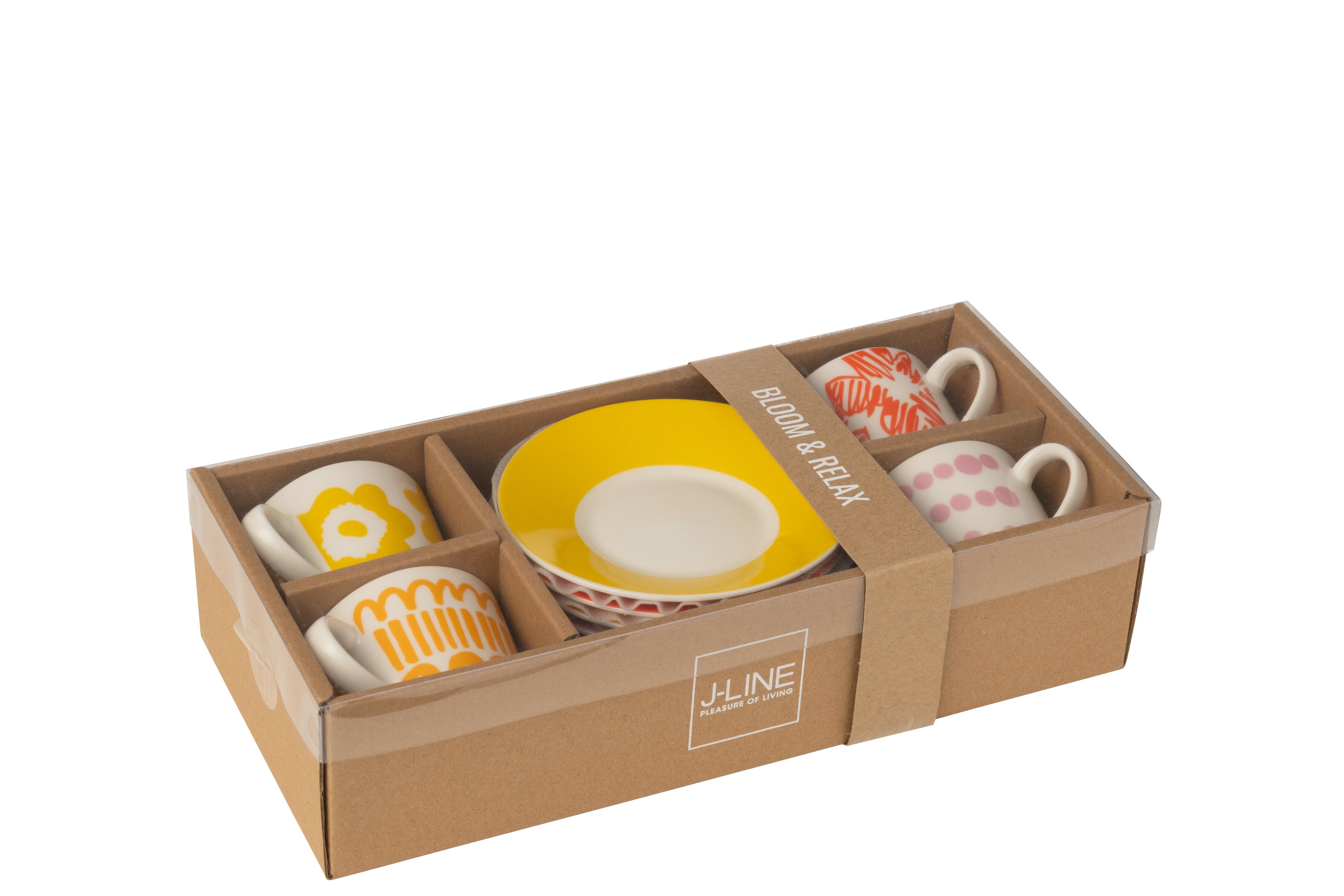J-Line Set van 4 Koppen + Schotels in Doos Keramiek Mix, klein