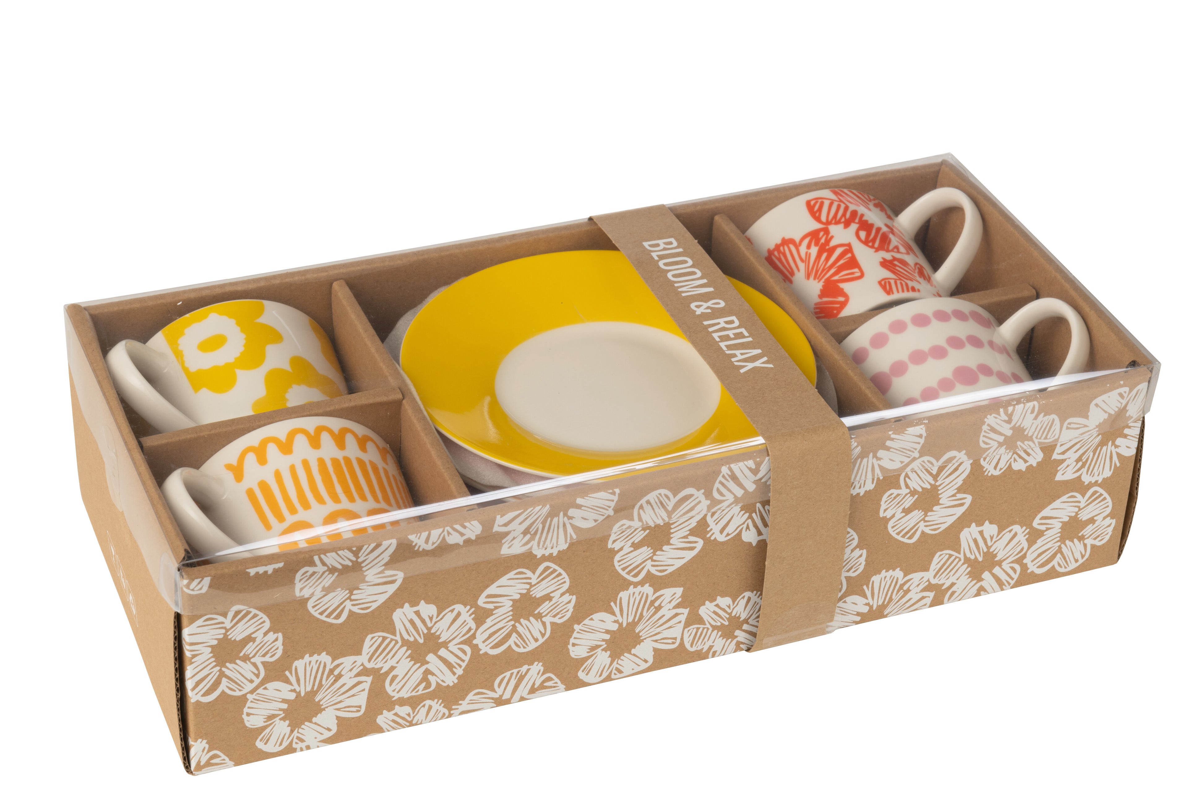 J-Line Set van 4 Koppen + Schotels in Doos Keramiek Mix, groot
