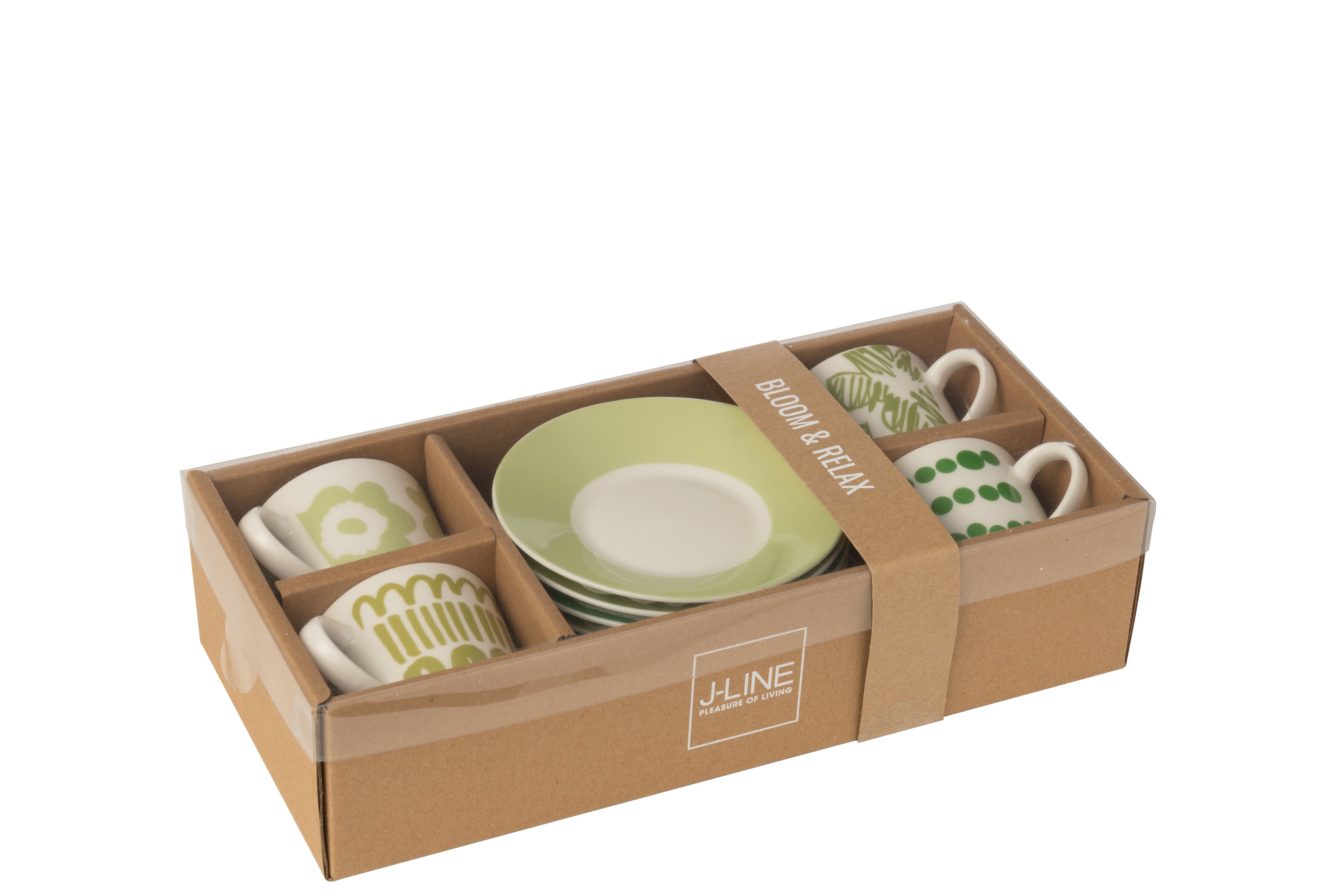J-Line Set van 4 Koppen + Schotels in Doos Keramiek Groen, klein