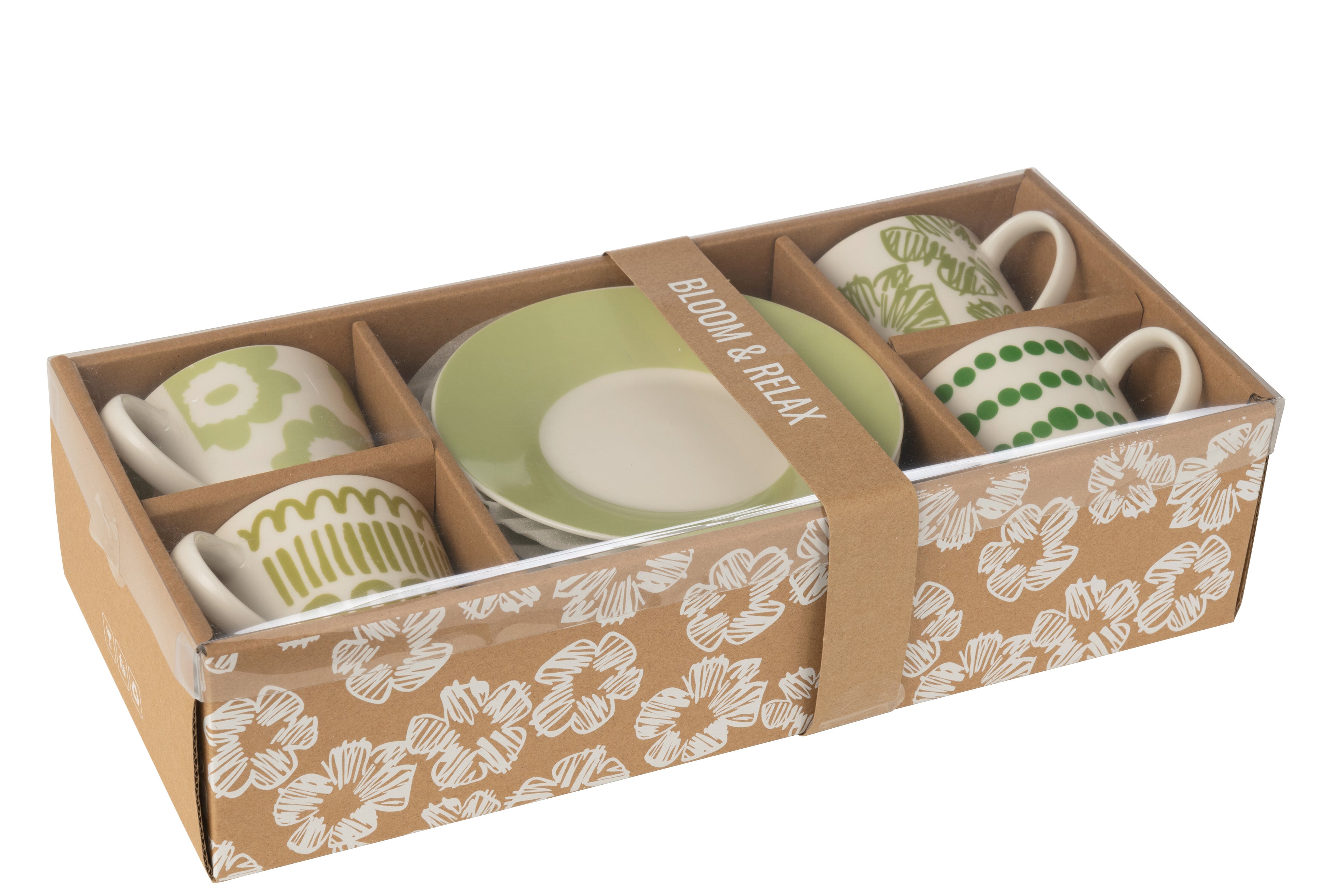 J-Line Set van 4 Koppen + Schotels in Doos Keramiek Groen, groot