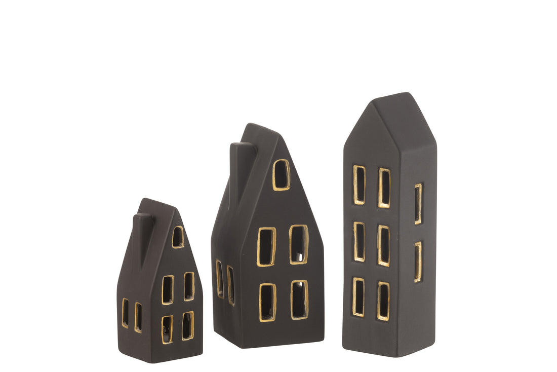 Set van 3 huizen LED porselein zwart/goud
