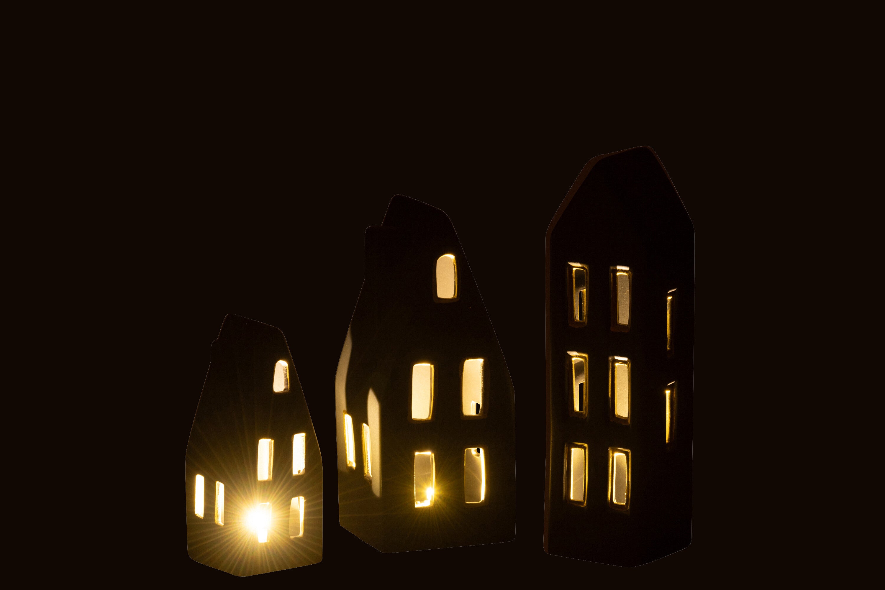 Set van 3 huizen LED porselein zwart/goud