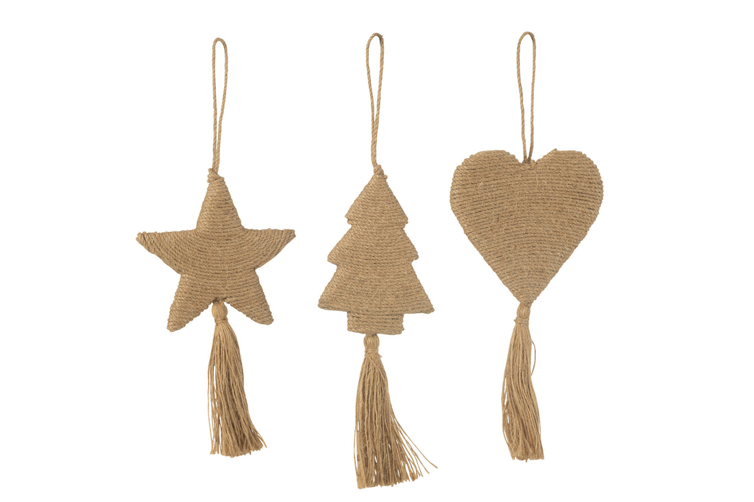 Hanger Ster Hart Boom Jute Natuurlijke Assortiment Van 3