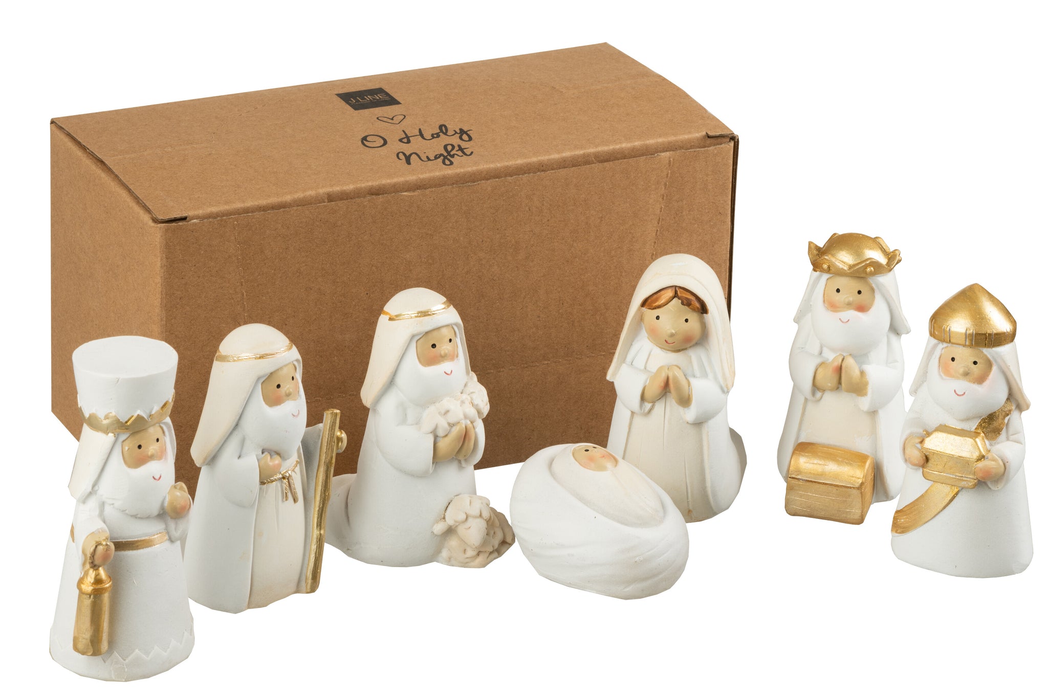Kerststal 7 delen hars wit/goud