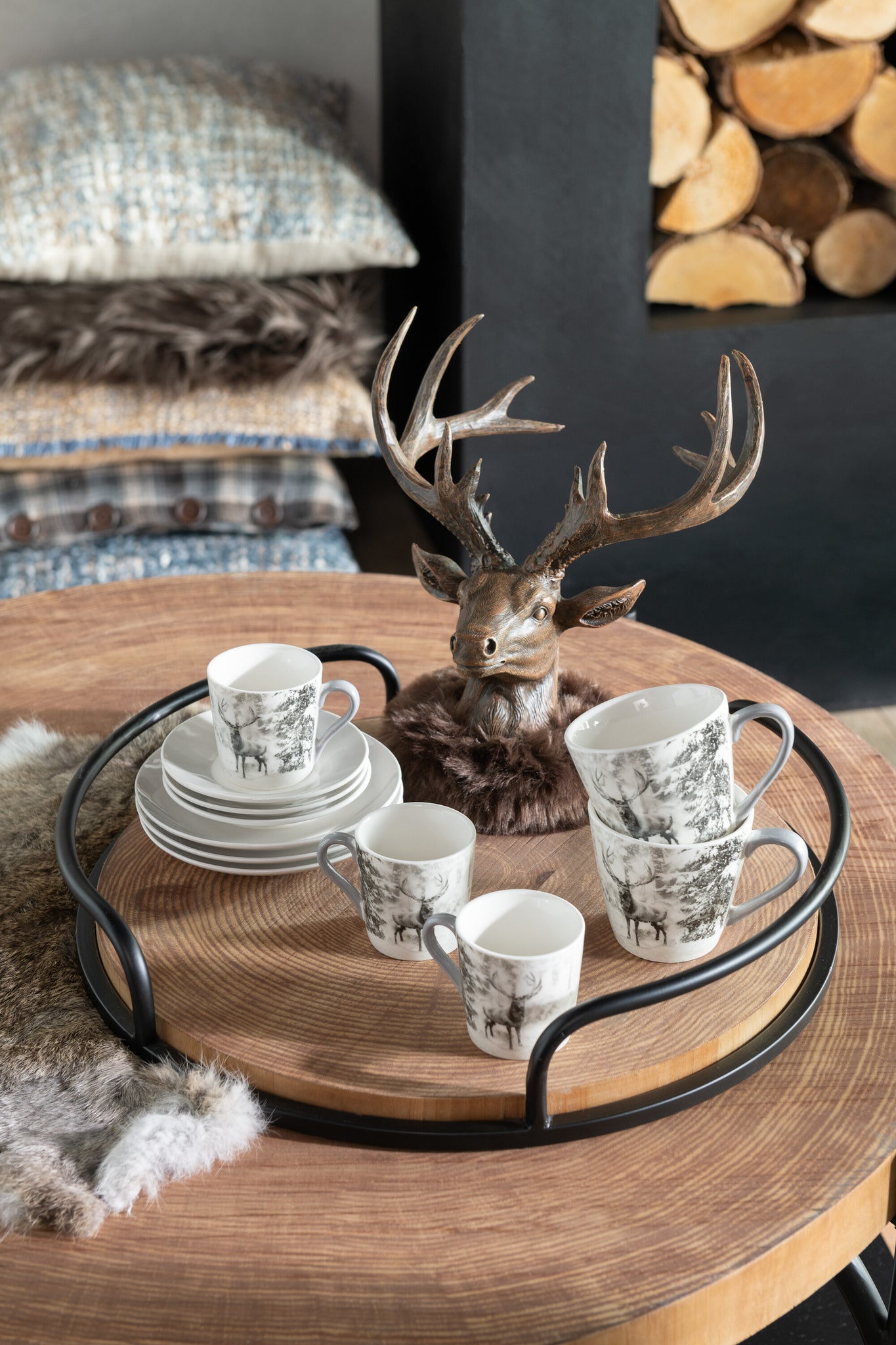 Set van 2 dienbladen rond MDF/IJzer Natuurlijk/Zwart