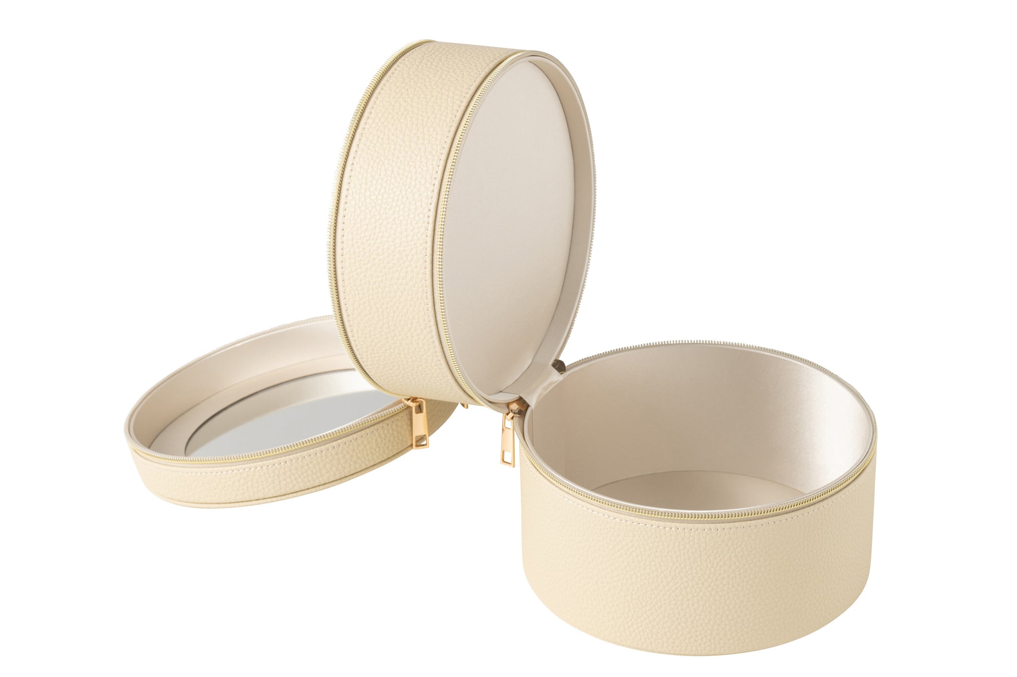 Cosmetische Doos Rond + Spiegel Kunstleer Beige