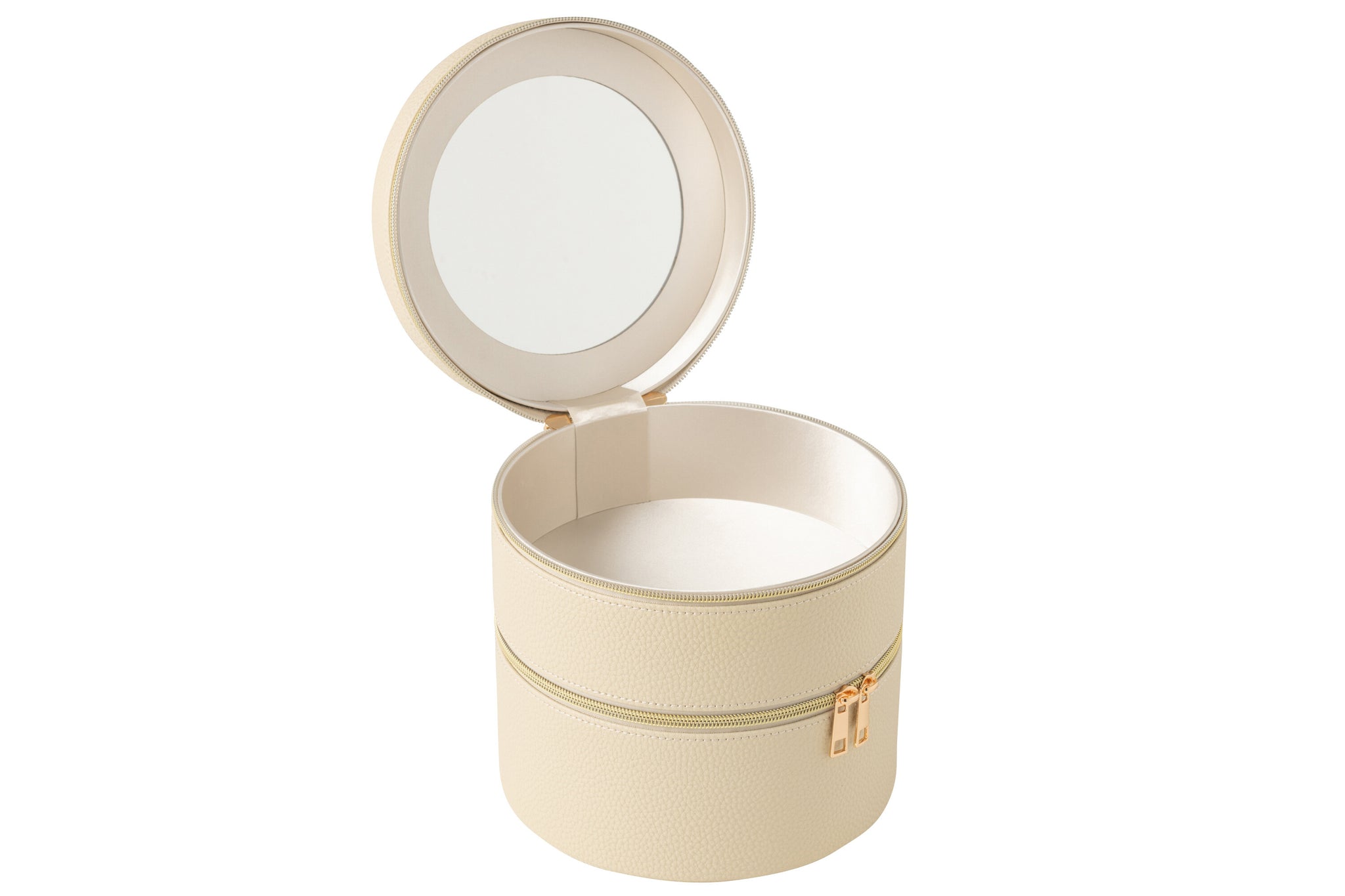 Cosmetische Doos Rond + Spiegel Kunstleer Beige