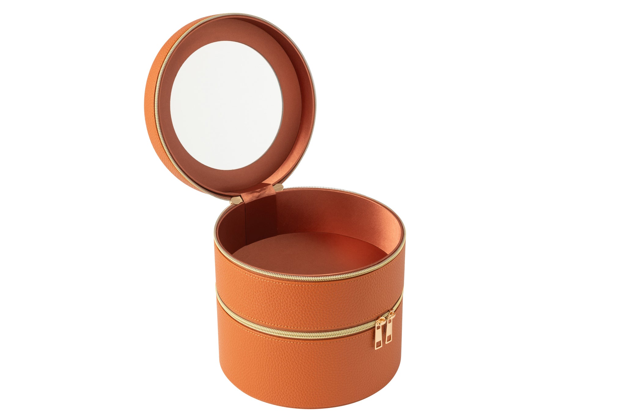 Cosmetische Doos Rond + Spiegel Kunstleer Cognac
