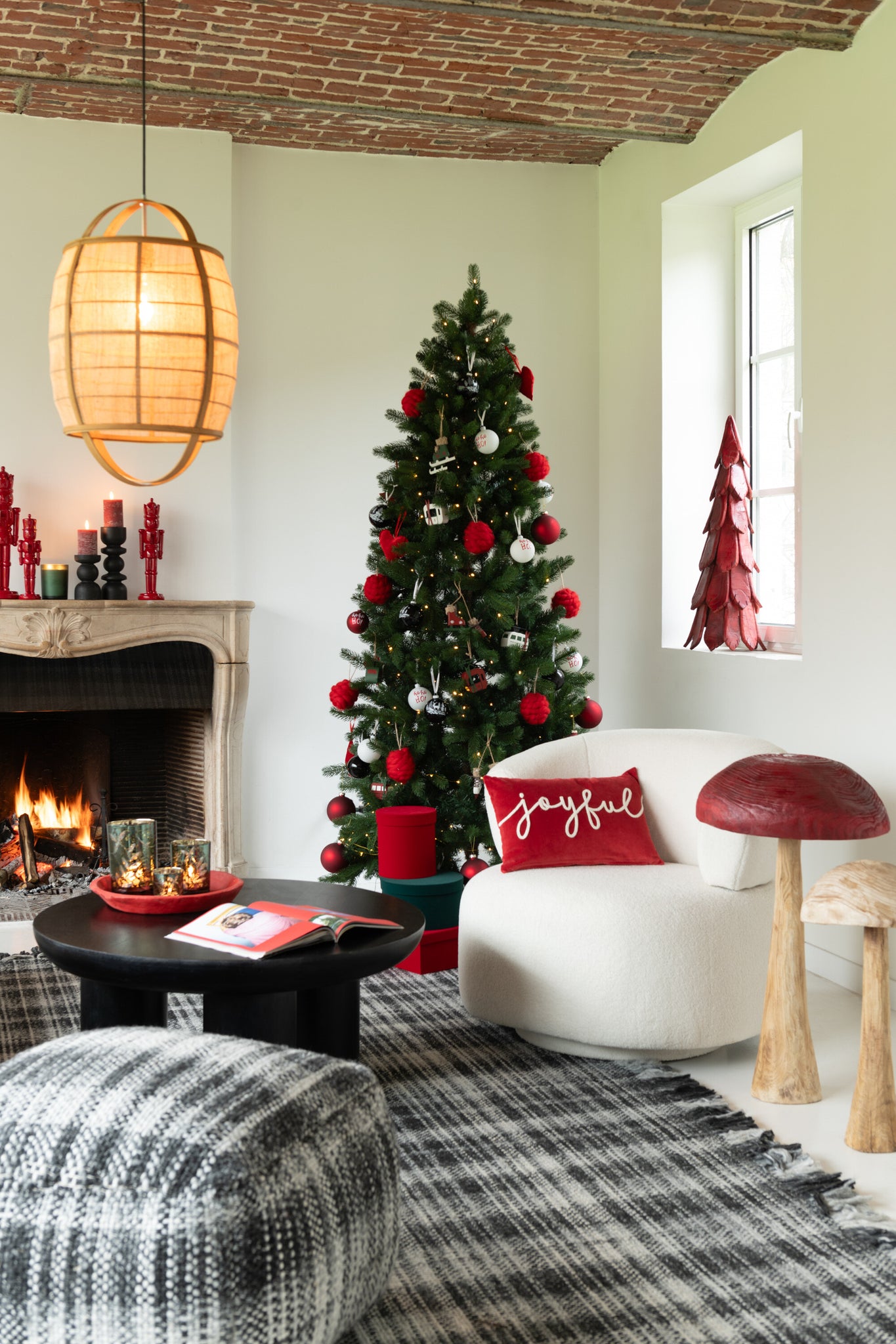 J-Line Kussen Rechthoek Joyful Velours Rood/Wit