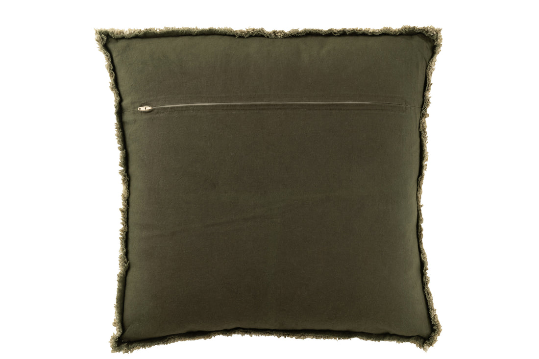 Kussen met rafelige randen van polyester/katoen in donkergroen.