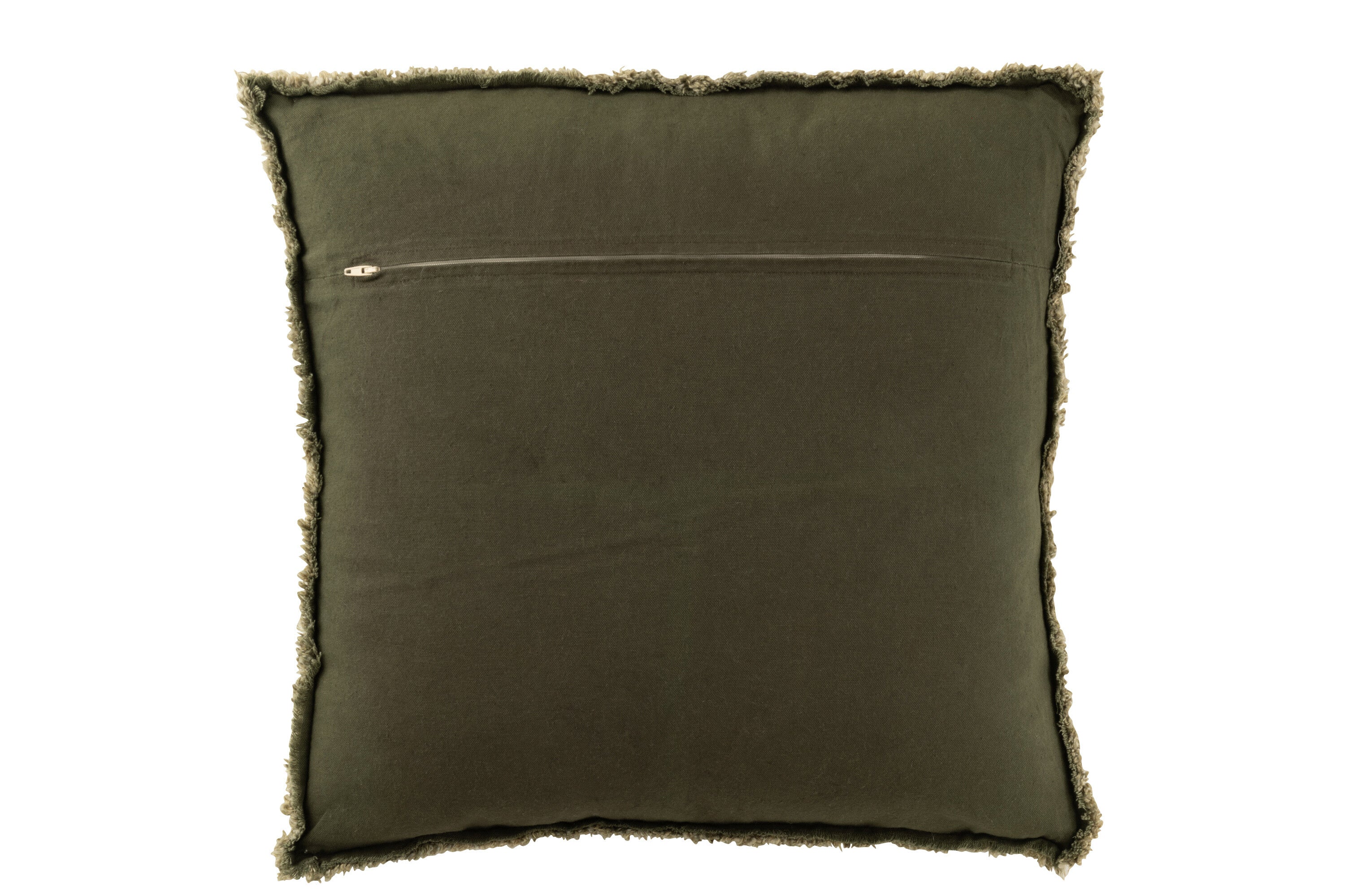 Kussen met rafelige randen van polyester/katoen in donkergroen.