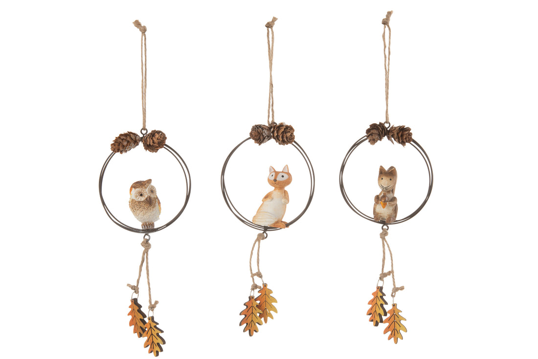 Hanger Ring Vos/Uil/Eekhoorn Metaal/Hout Bruin/Oranje Assortiment Van 3