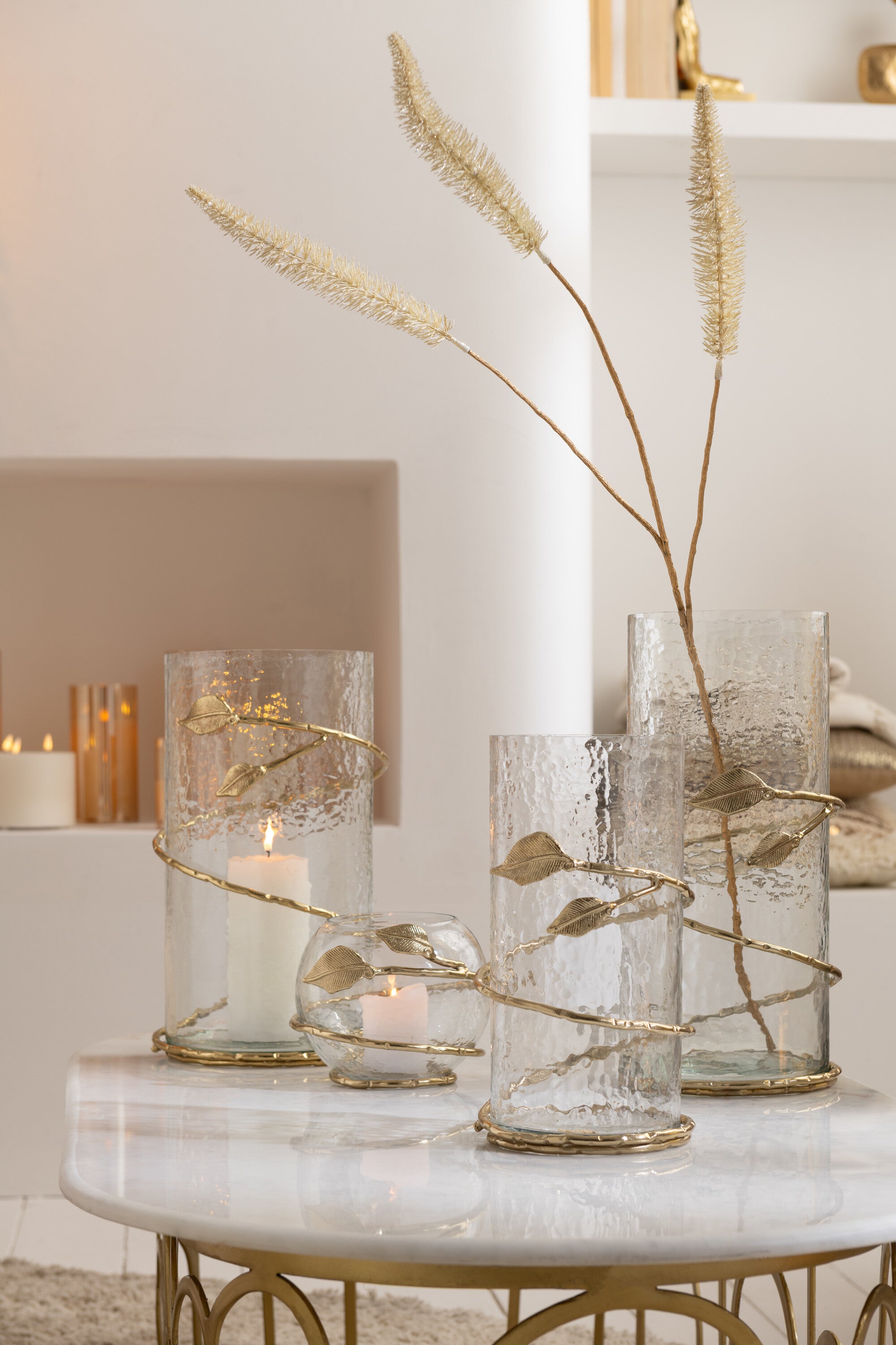 Vaas Blad Breed Glas/IJzer Transparant/Goud
