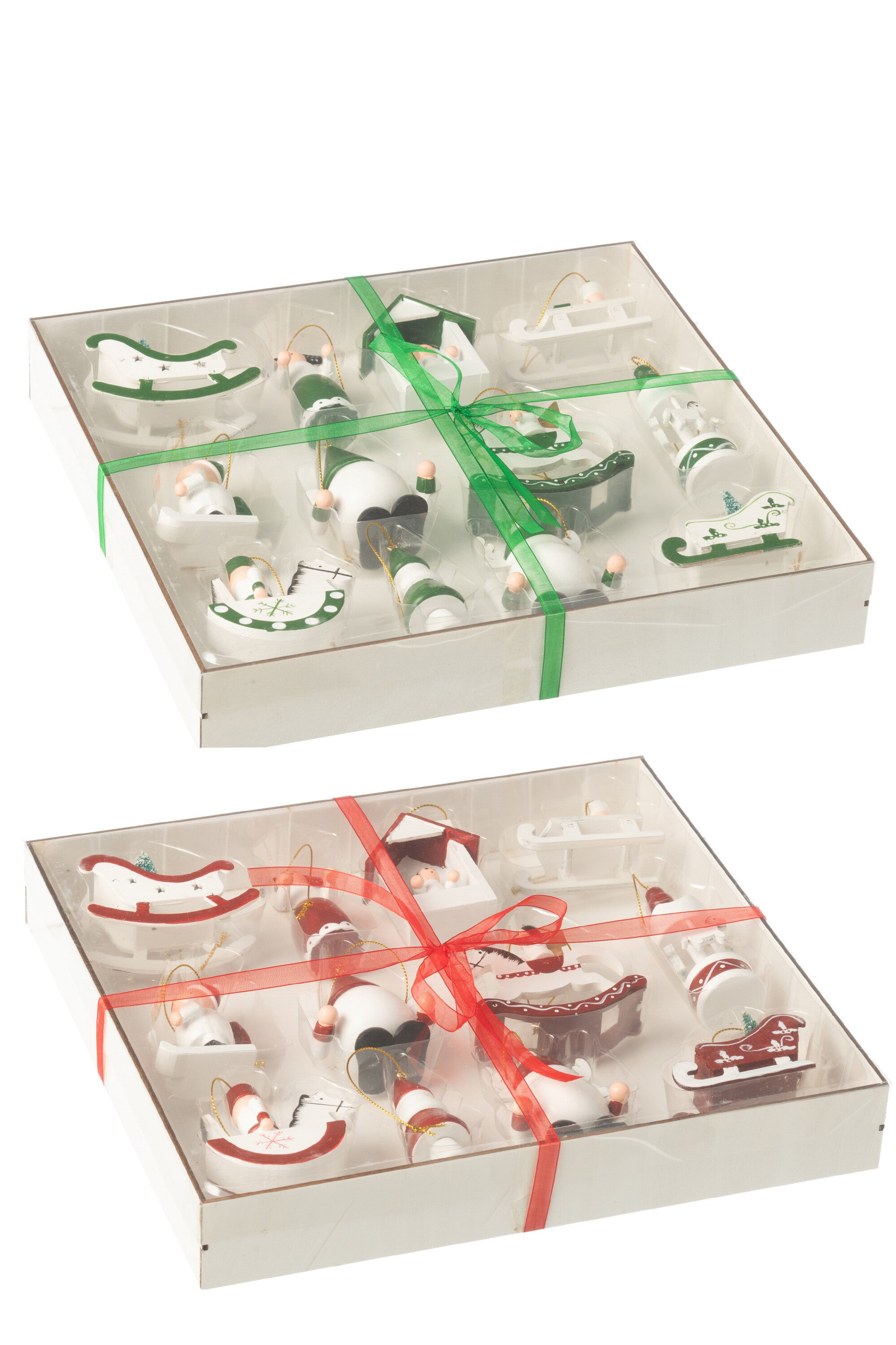 Doos van 12 hangers hout groen/rood assortiment van 2