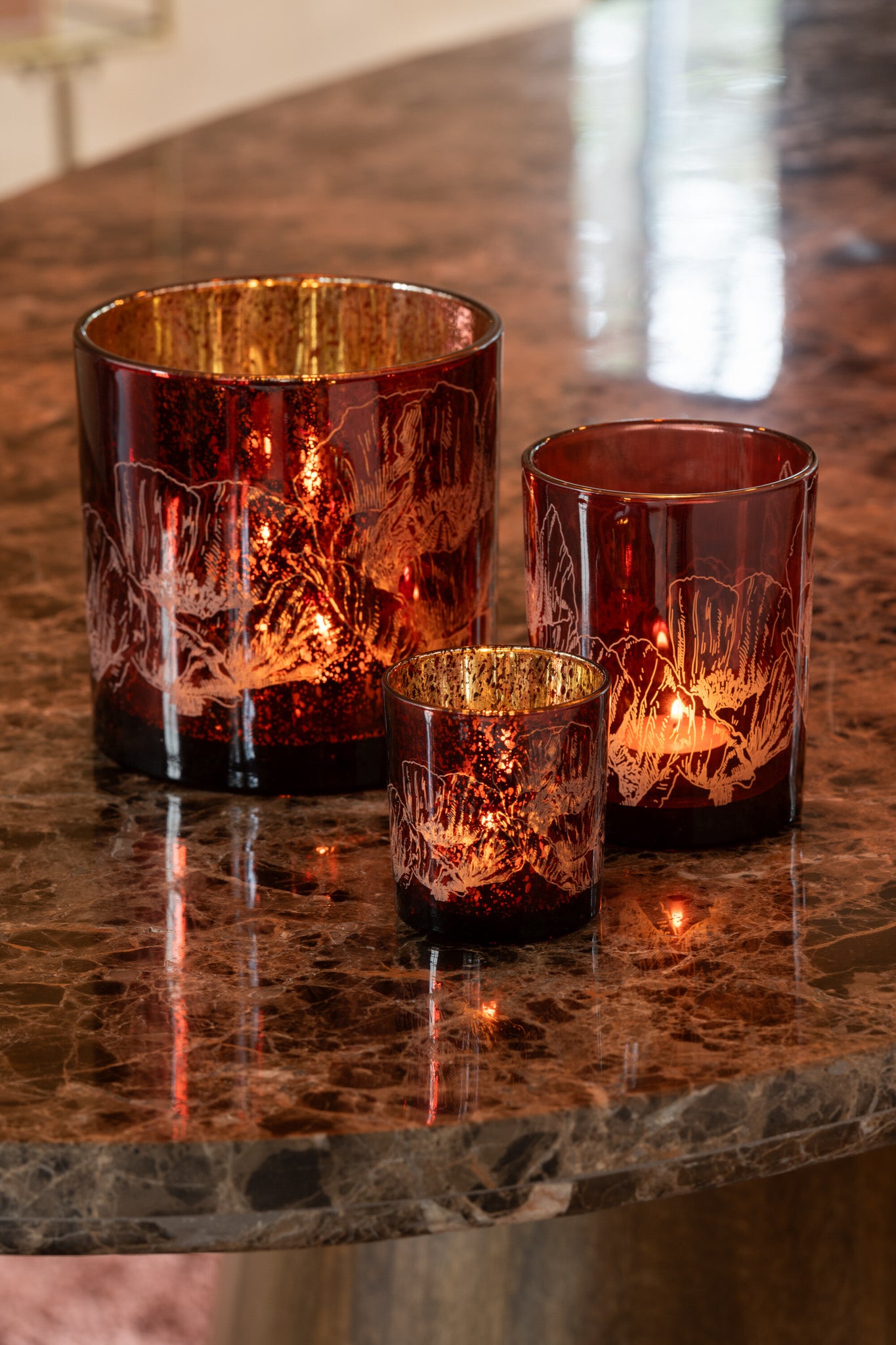 Theelichthouder Bloemen Glas Bordeaux/Antiek Bordeaux Kleine Assortiment Van 2