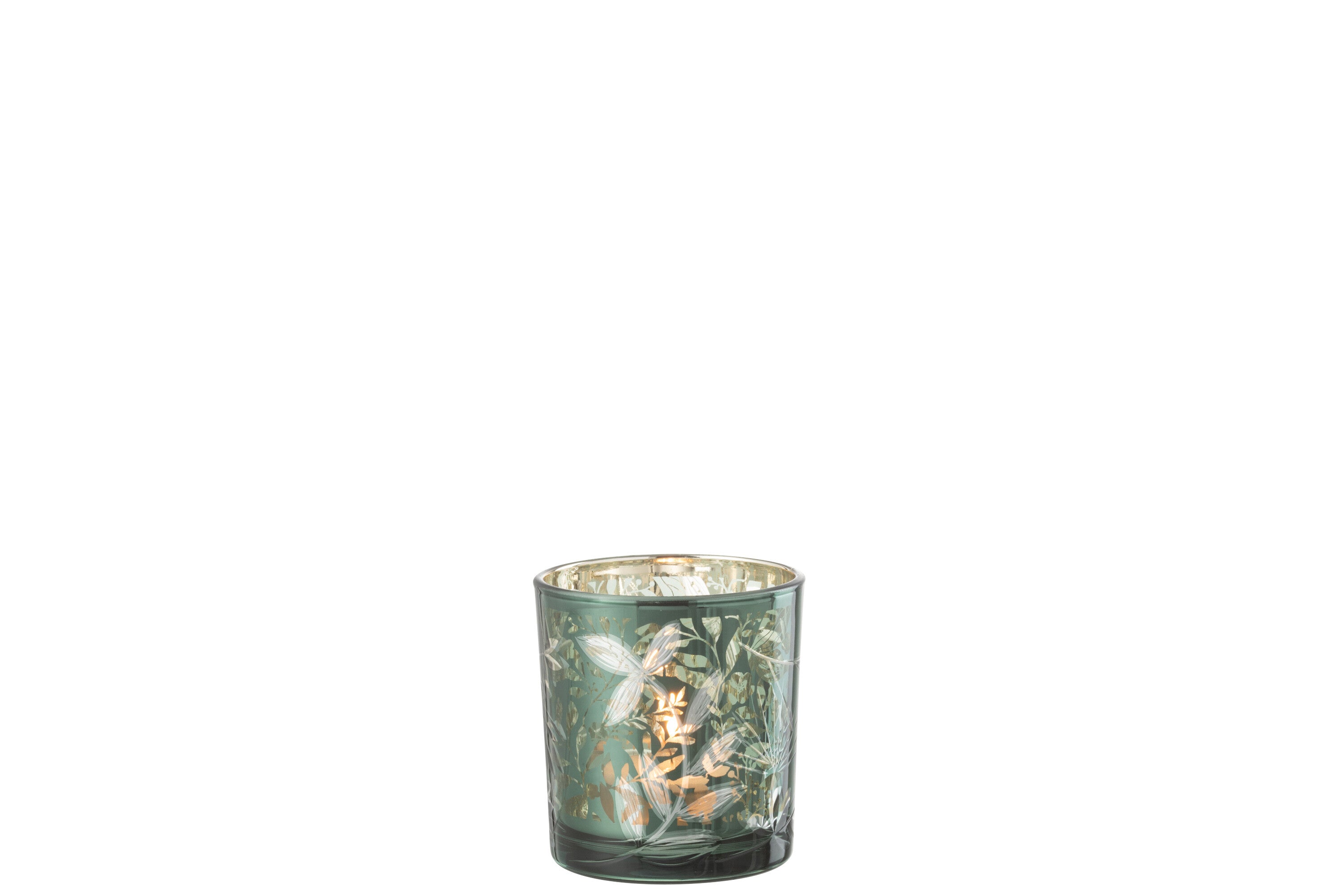 Theelichthouder Bladeren Glas Groen/Antiek Goud Klein